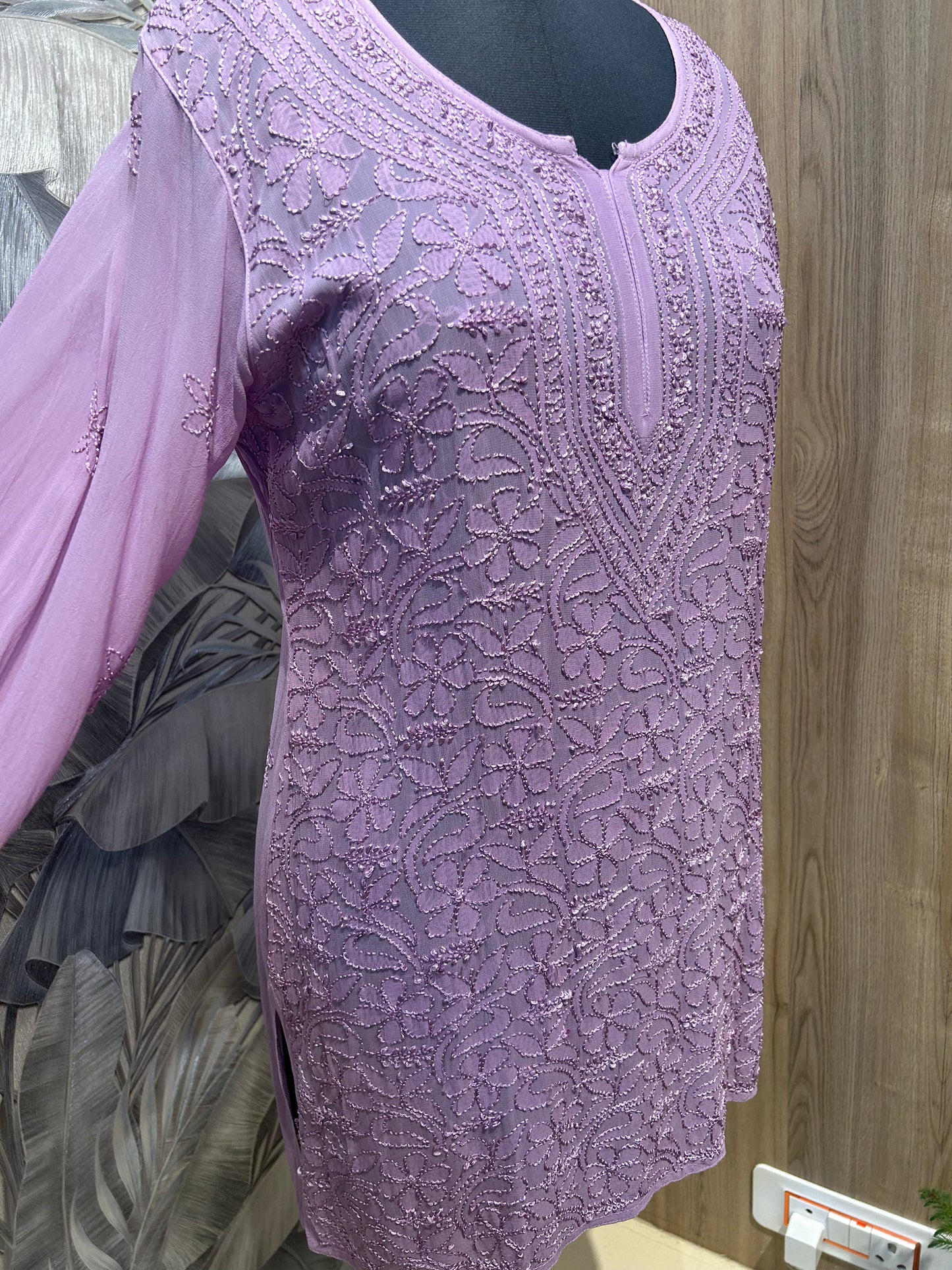 Glossy Grape Georgette Kurti with Intricate Chikan Embroidery