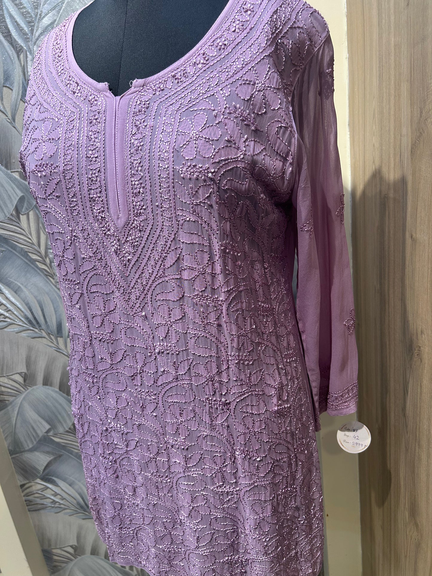 Glossy Grape Georgette Kurti with Intricate Chikan Embroidery