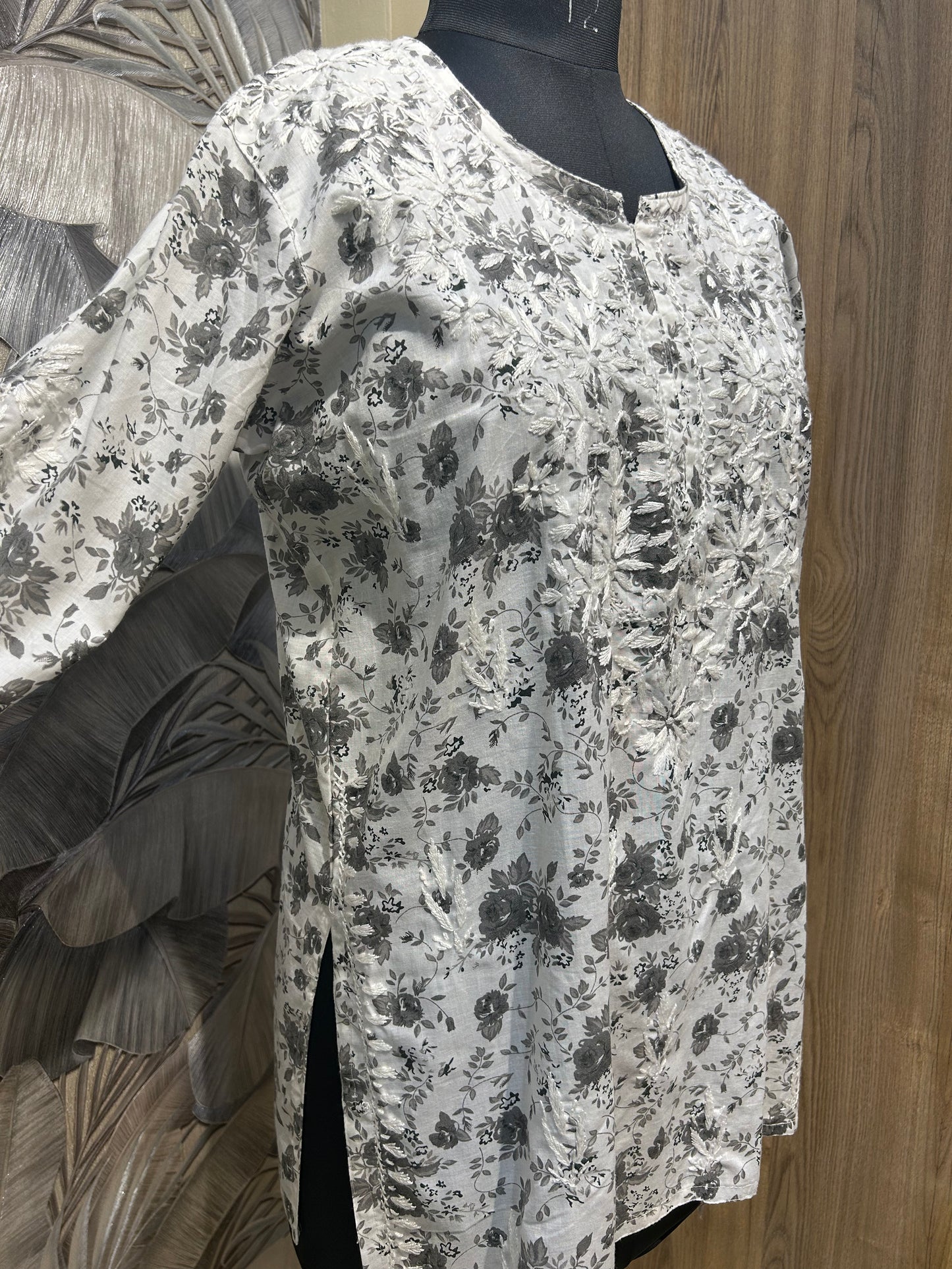 White and Grey Cotton Kurti with Handstitched Floral Detailing
