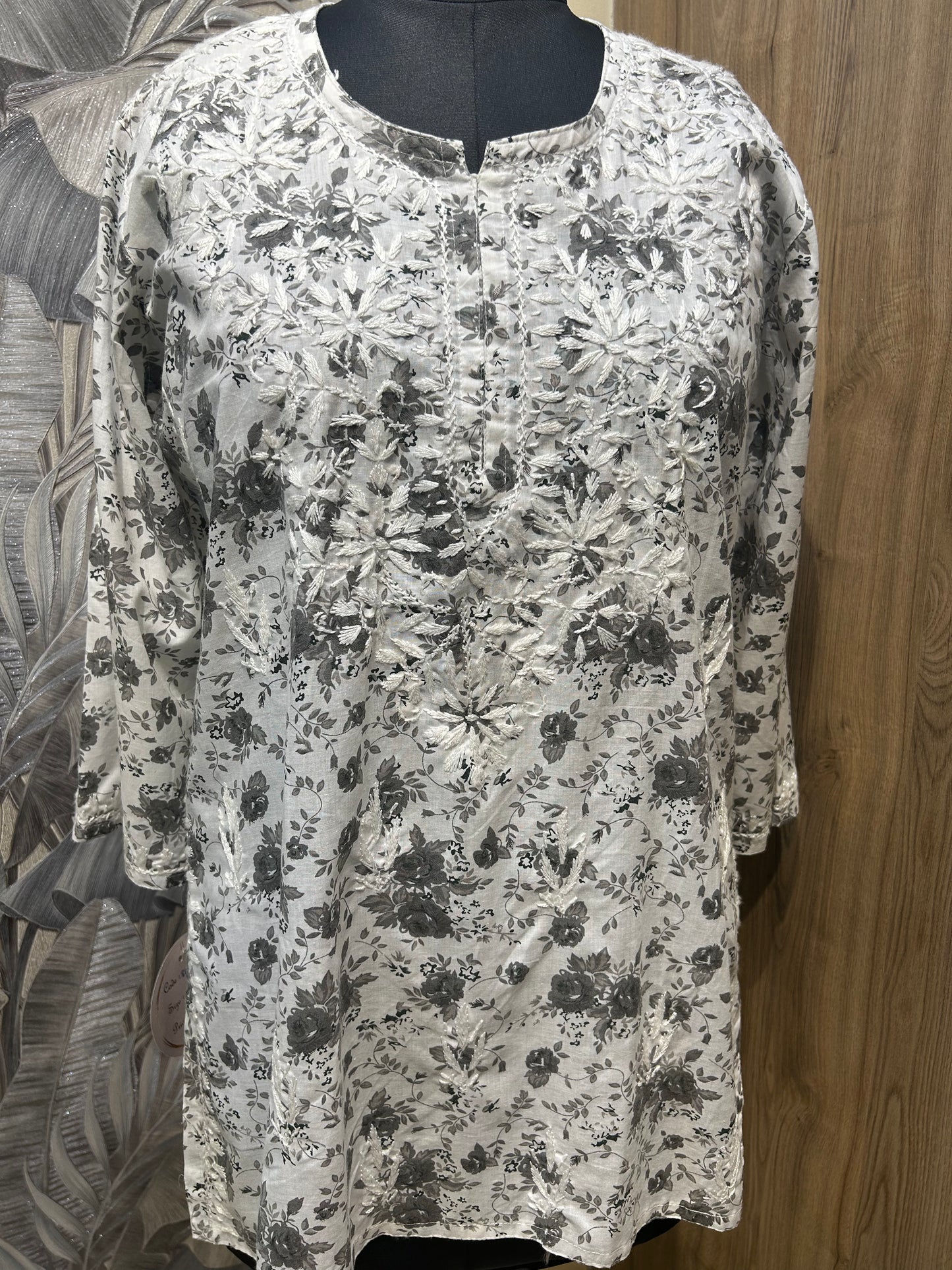 White and Grey Cotton Kurti with Handstitched Floral Detailing