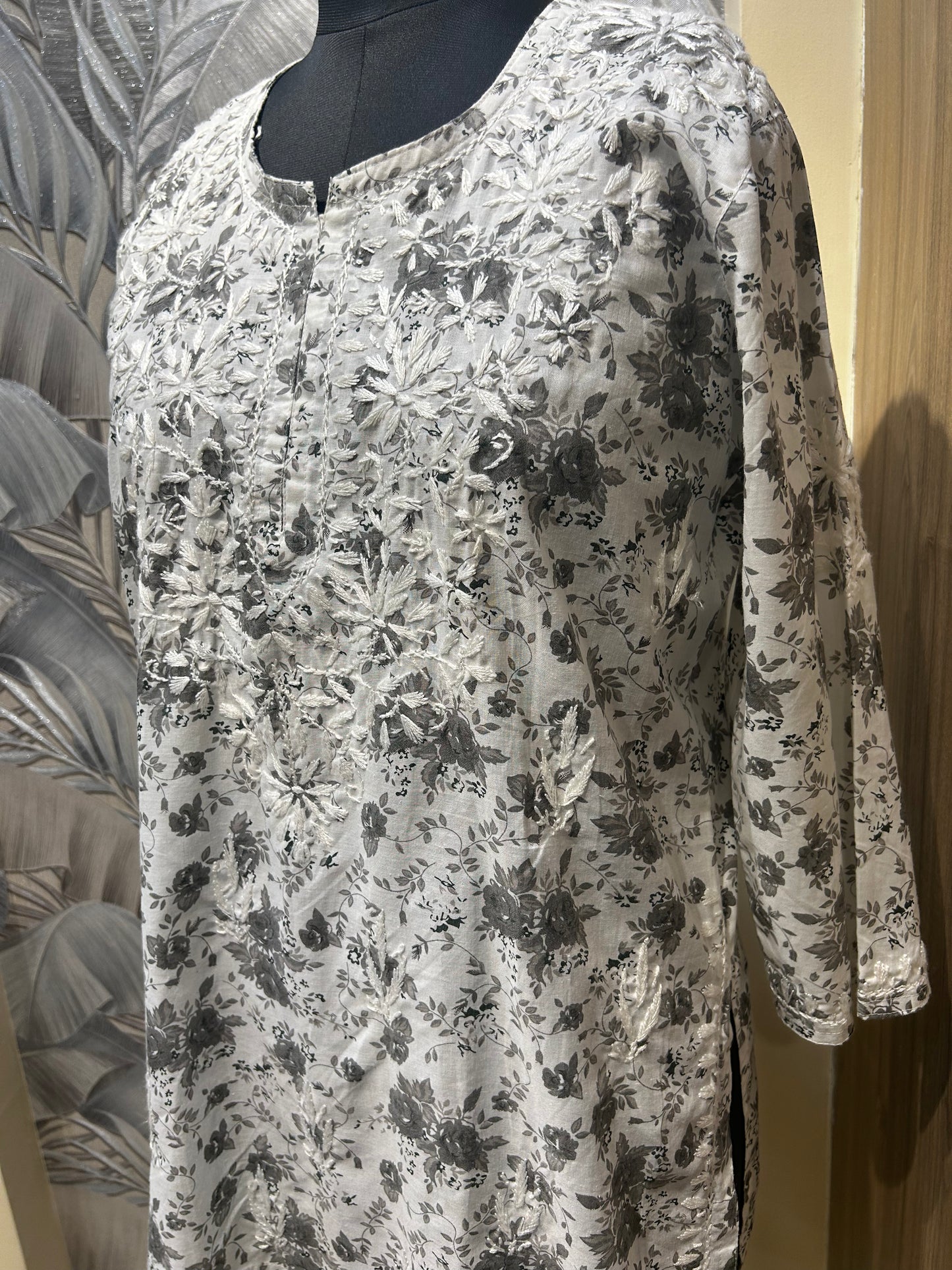 White and Grey Cotton Kurti with Handstitched Floral Detailing