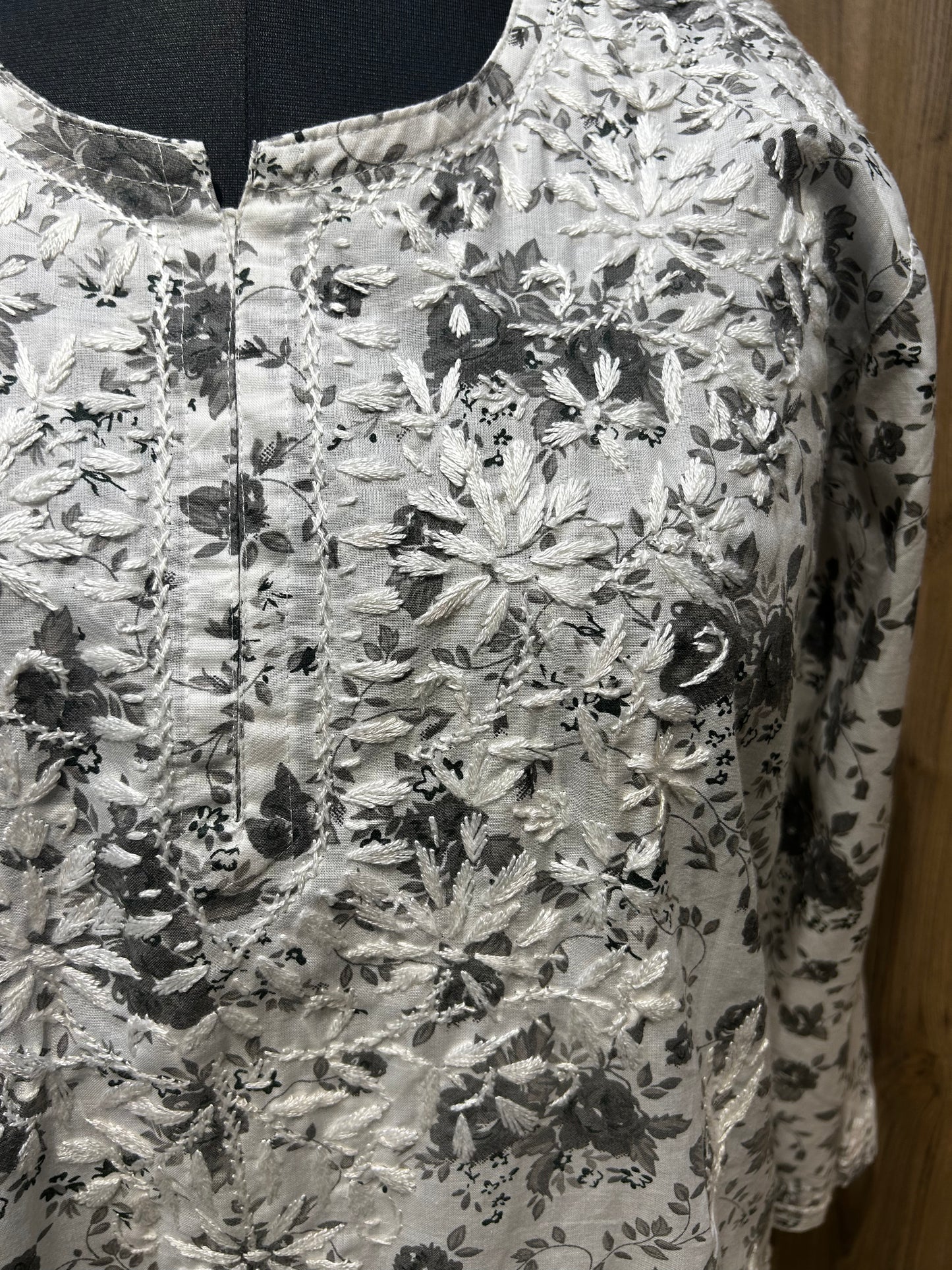 White and Grey Cotton Kurti with Handstitched Floral Detailing