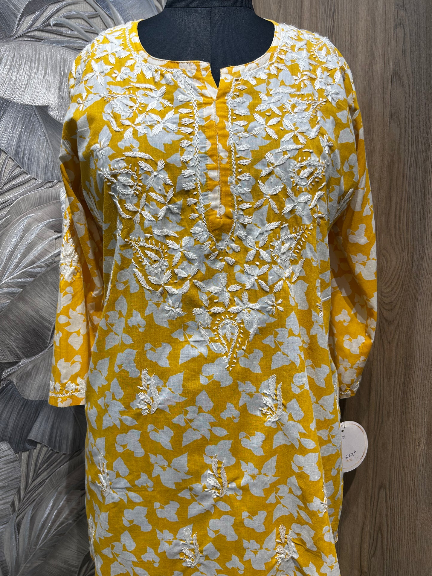Yellow Cotton Kurti with White Hand Embroidery