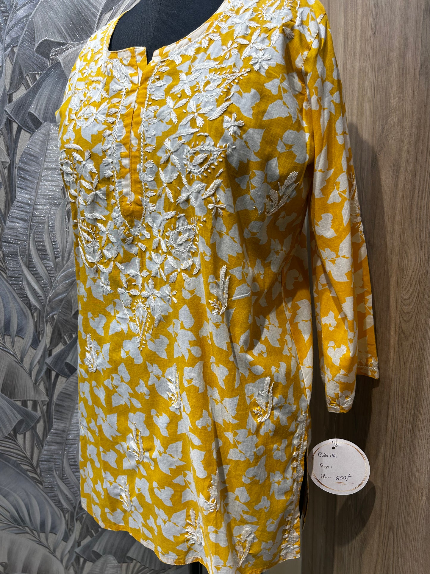 Yellow Cotton Kurti with White Hand Embroidery