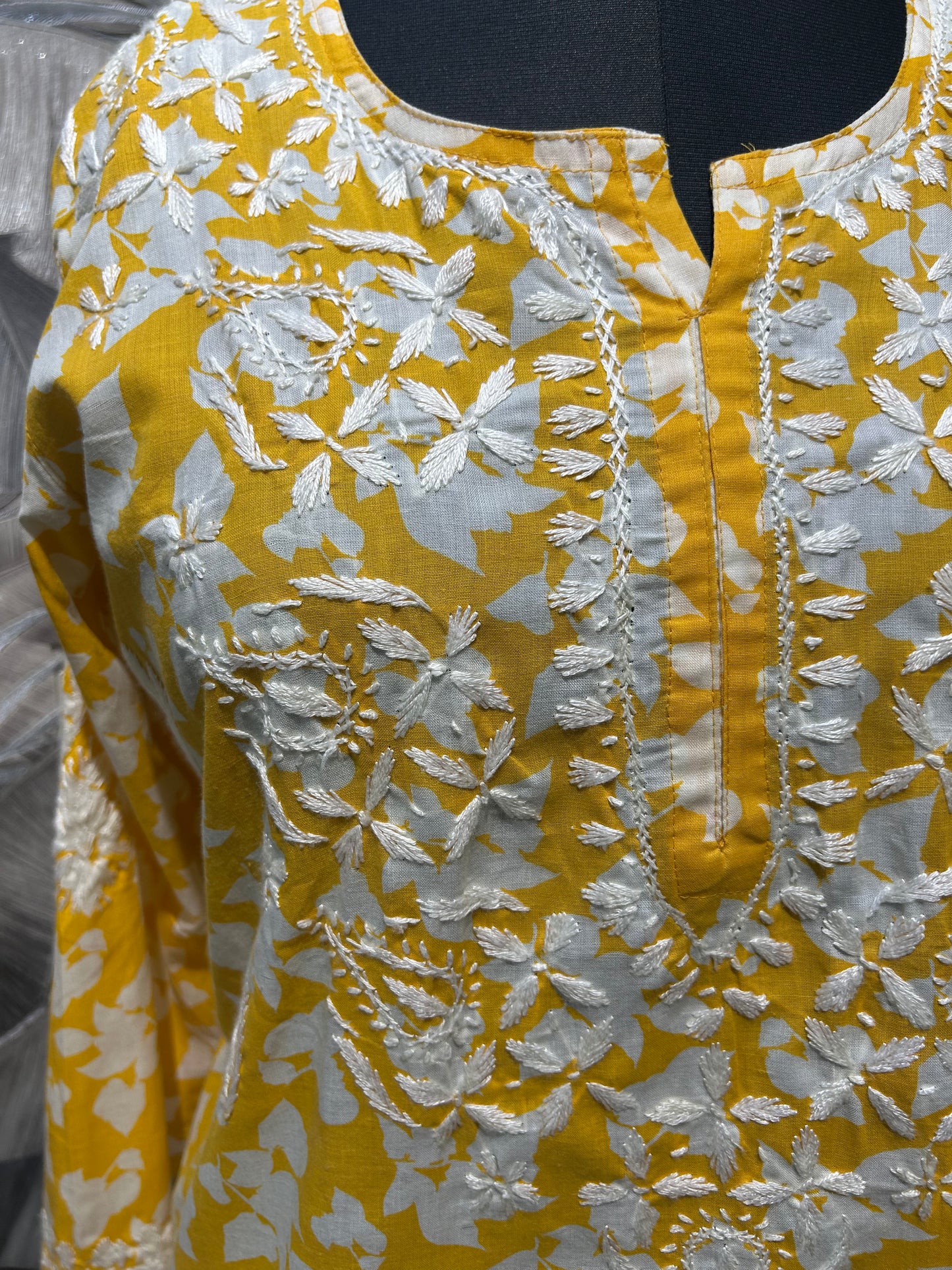 Yellow Cotton Kurti with White Hand Embroidery