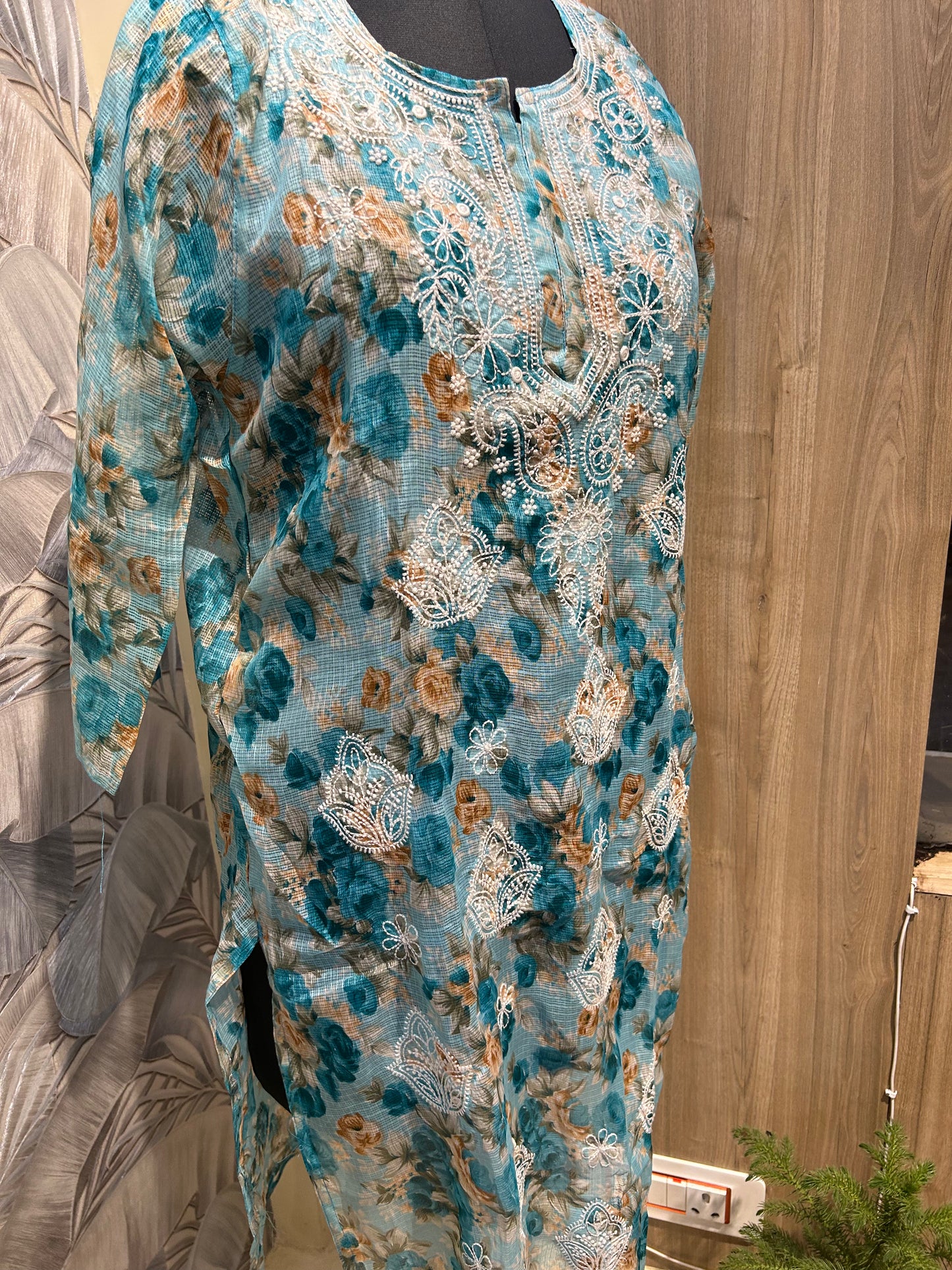 Blue Multicolored Kota Cotton Kurti with Thread Embroidery