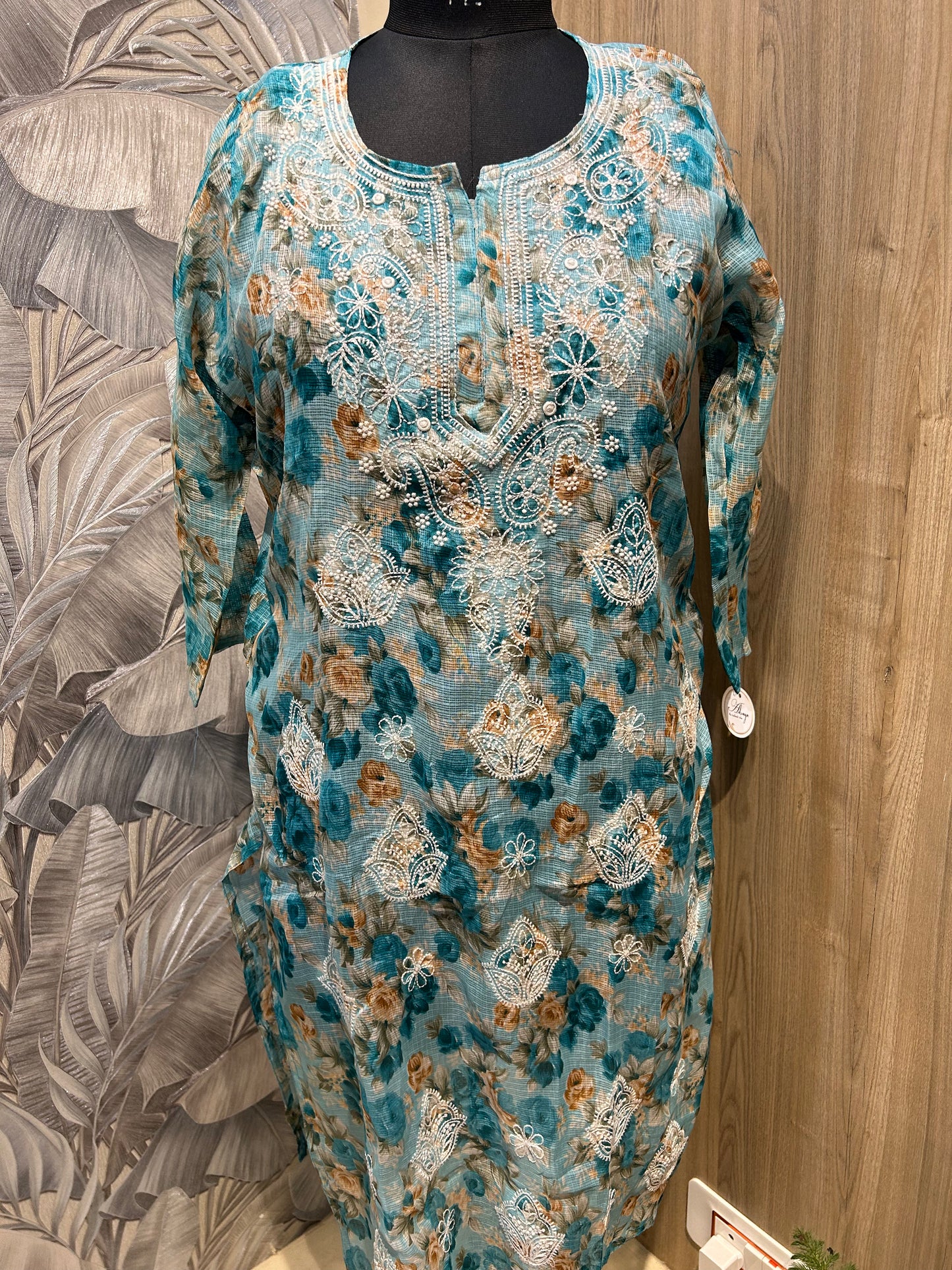 Blue Multicolored Kota Cotton Kurti with Thread Embroidery