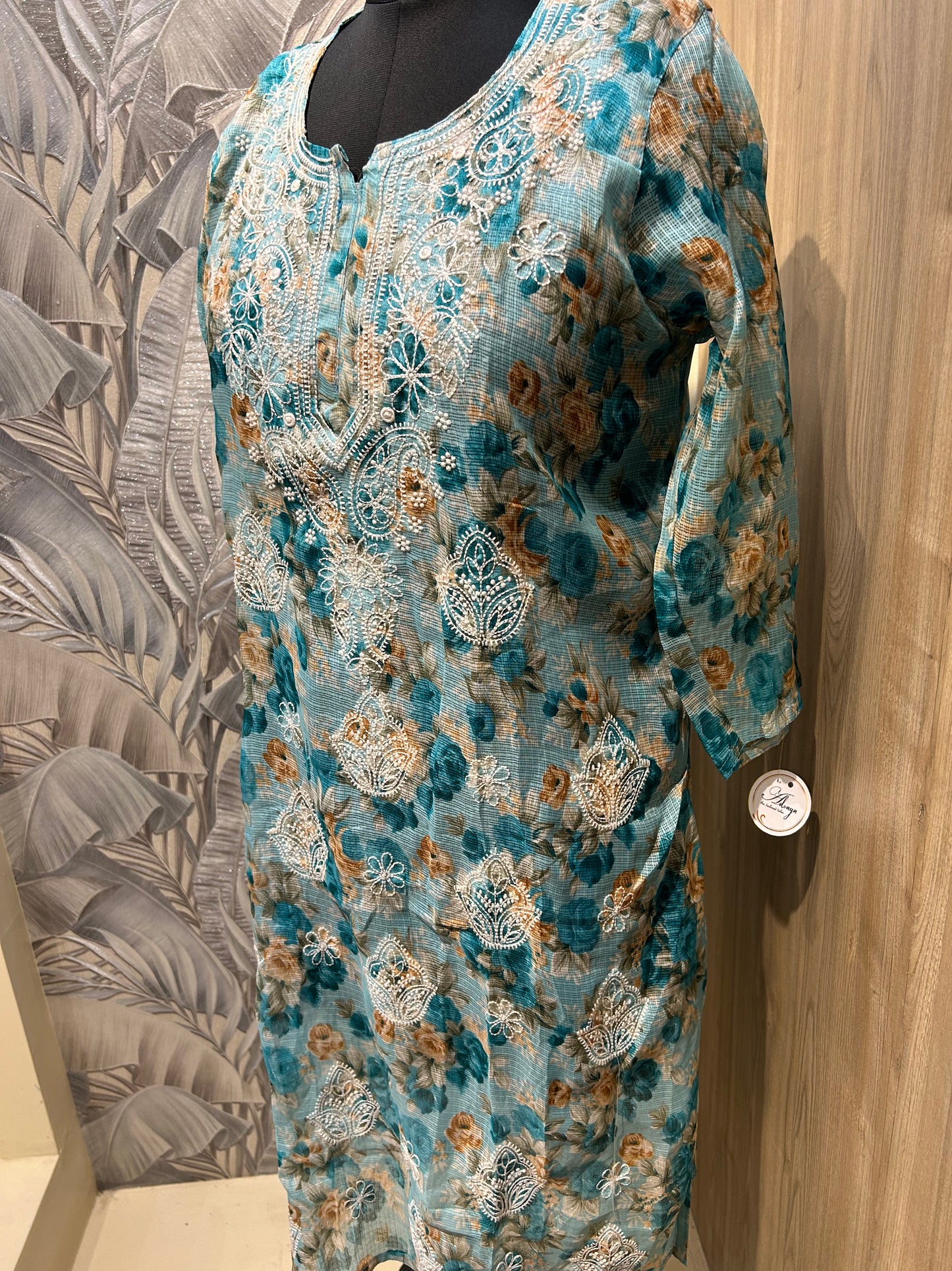Blue Multicolored Kota Cotton Kurti with Thread Embroidery
