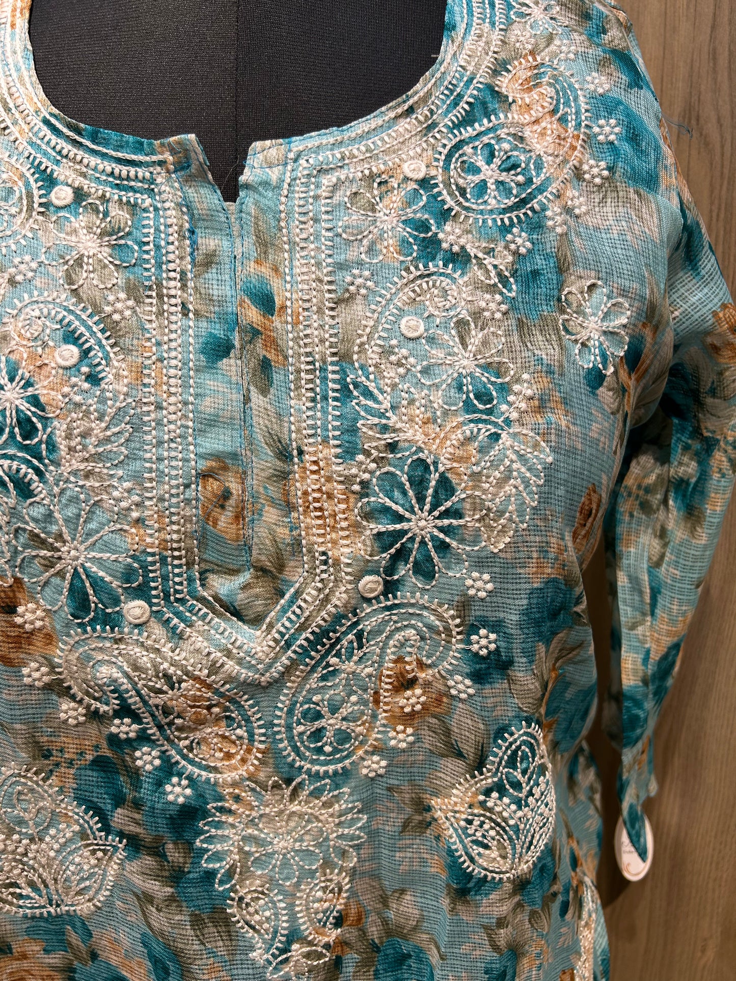 Blue Multicolored Kota Cotton Kurti with Thread Embroidery