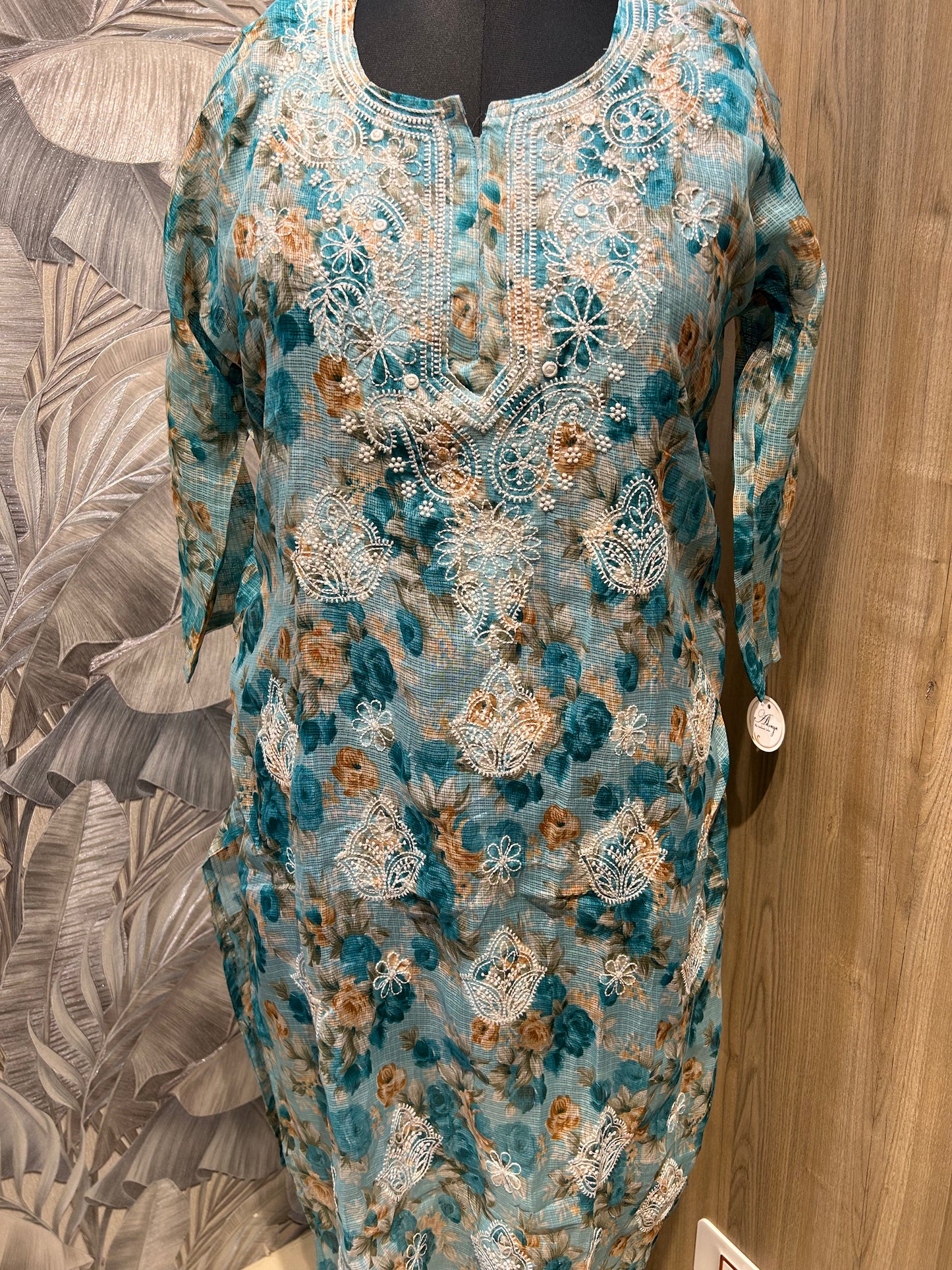 Blue Multicolored Kota Cotton Kurti with Thread Embroidery