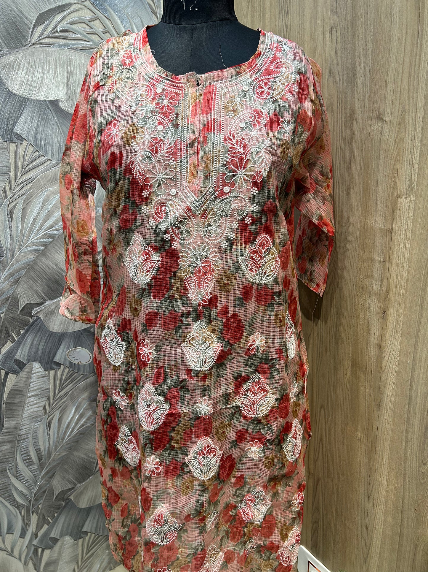 Red Multicolored Kota Cotton Kurti with White Thread Embroidery