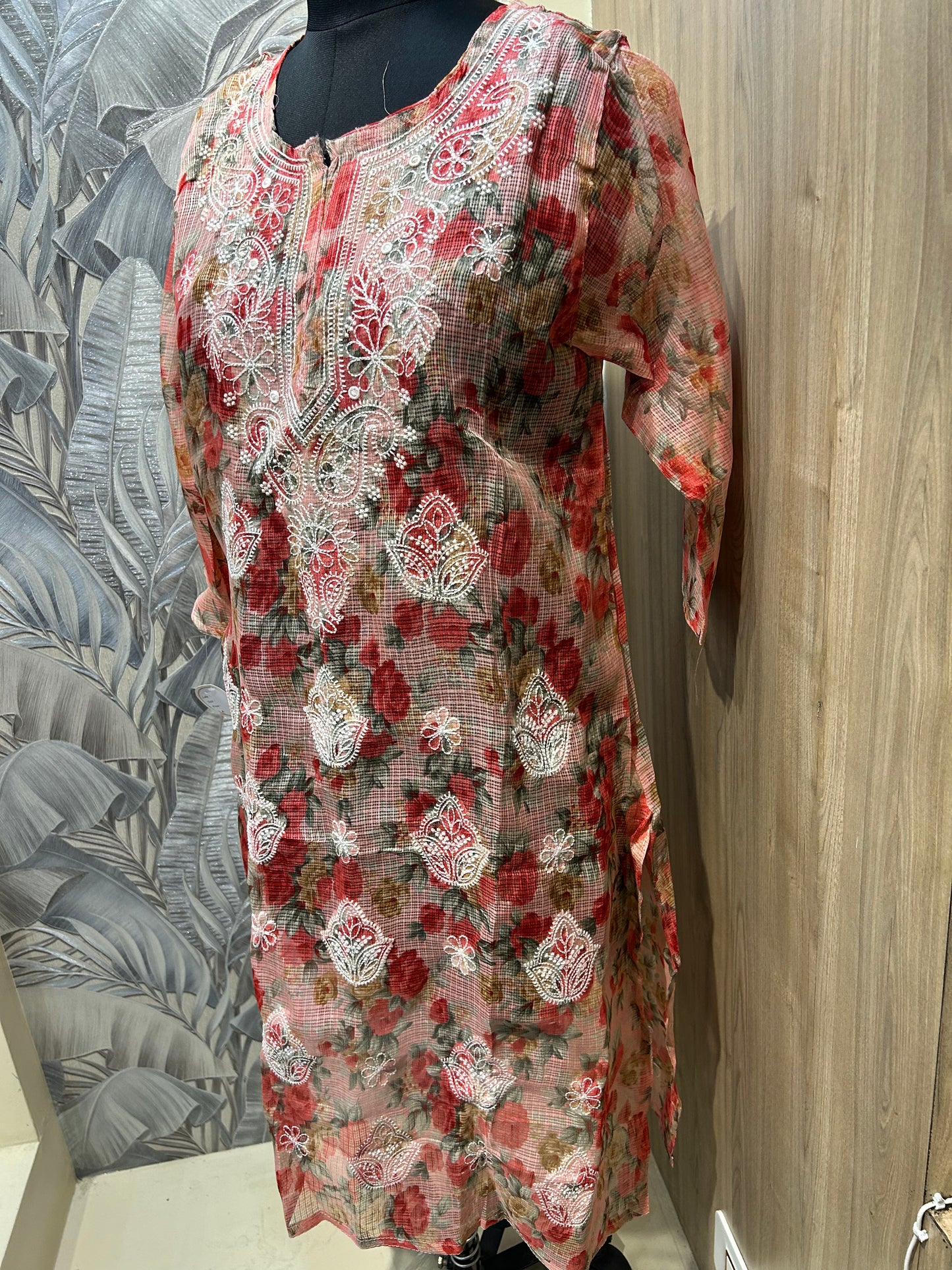 Red Multicolored Kota Cotton Kurti with White Thread Embroidery