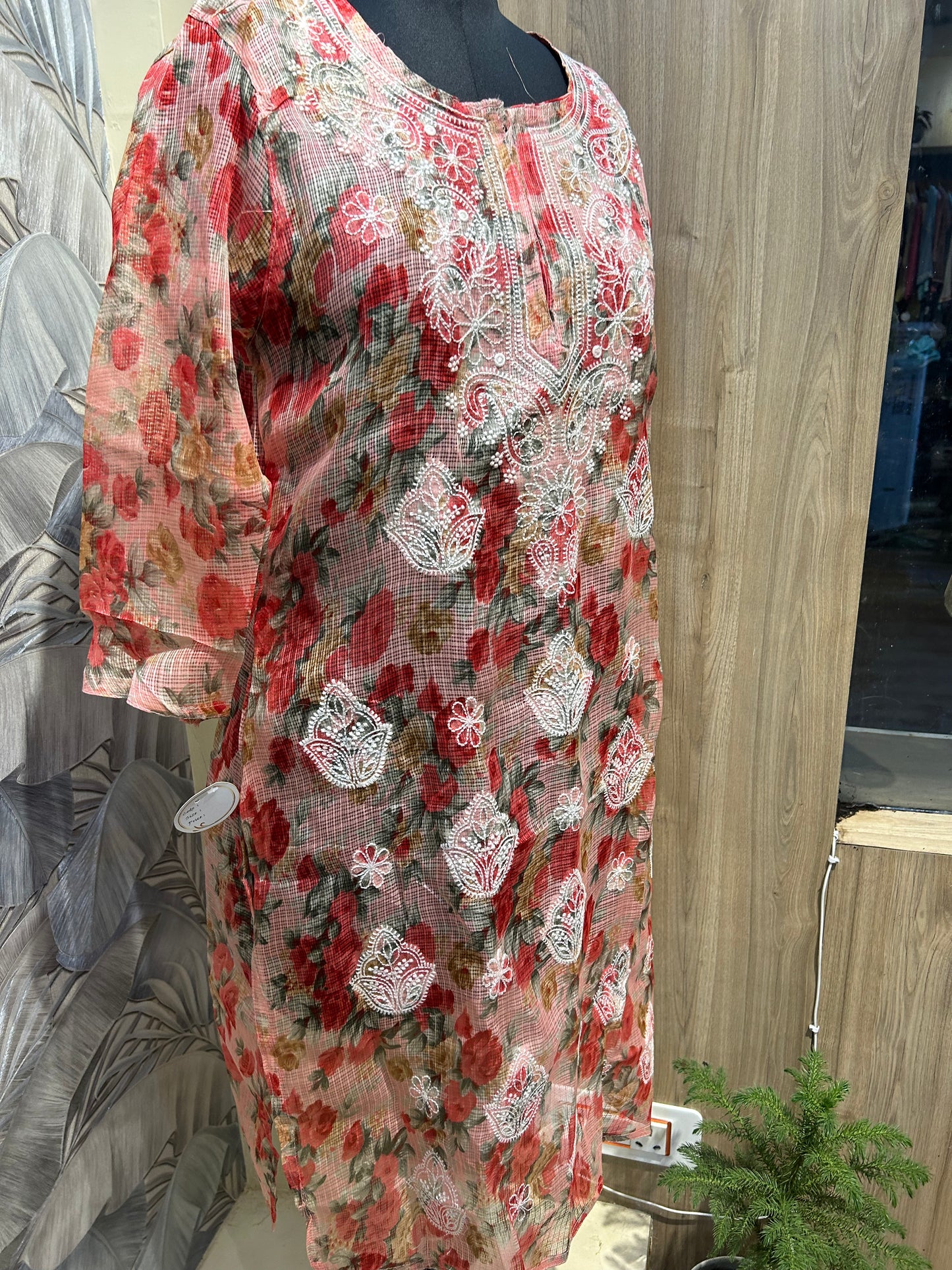 Red Multicolored Kota Cotton Kurti with White Thread Embroidery