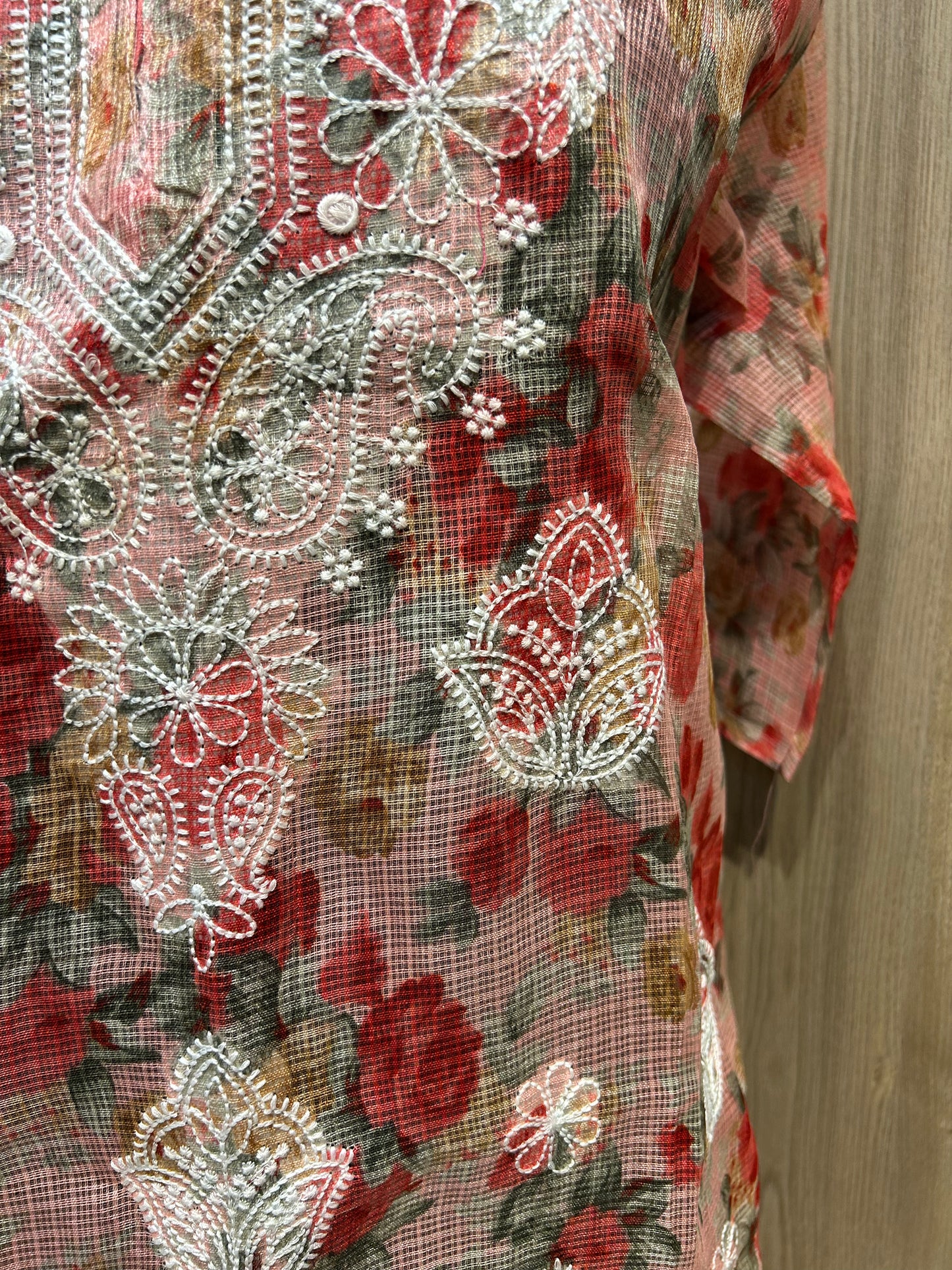 Red Multicolored Kota Cotton Kurti with White Thread Embroidery
