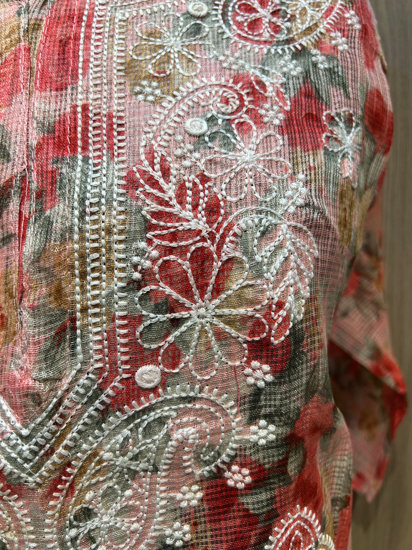 Red Multicolored Kota Cotton Kurti with White Thread Embroidery