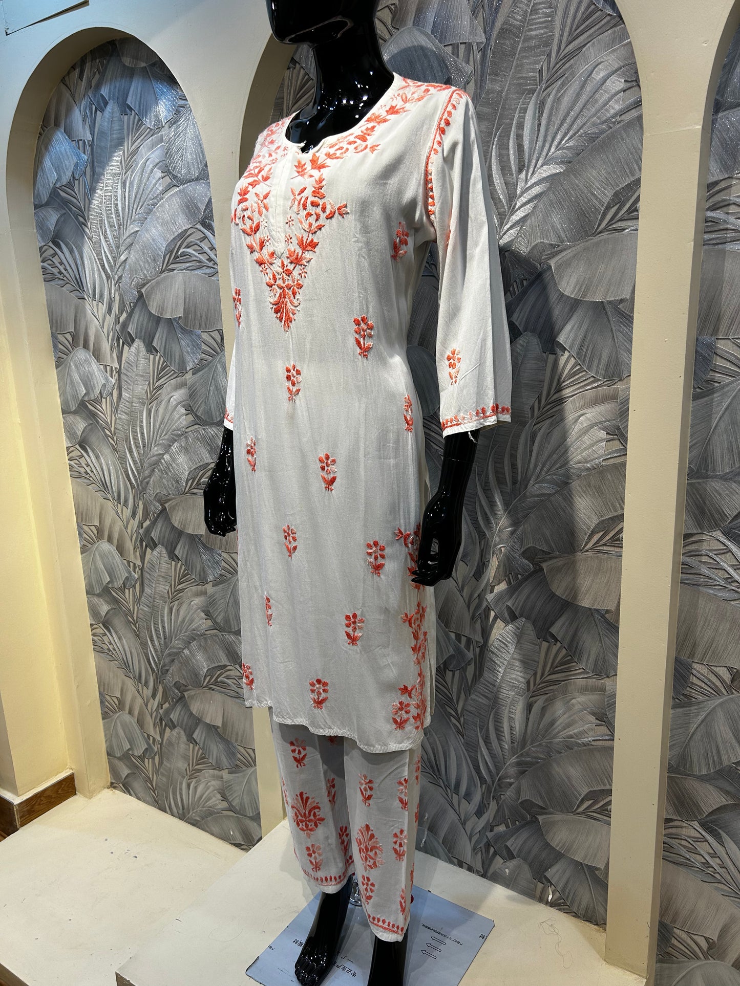 White Cotton Kurta Set with Coral Blush Embroidery