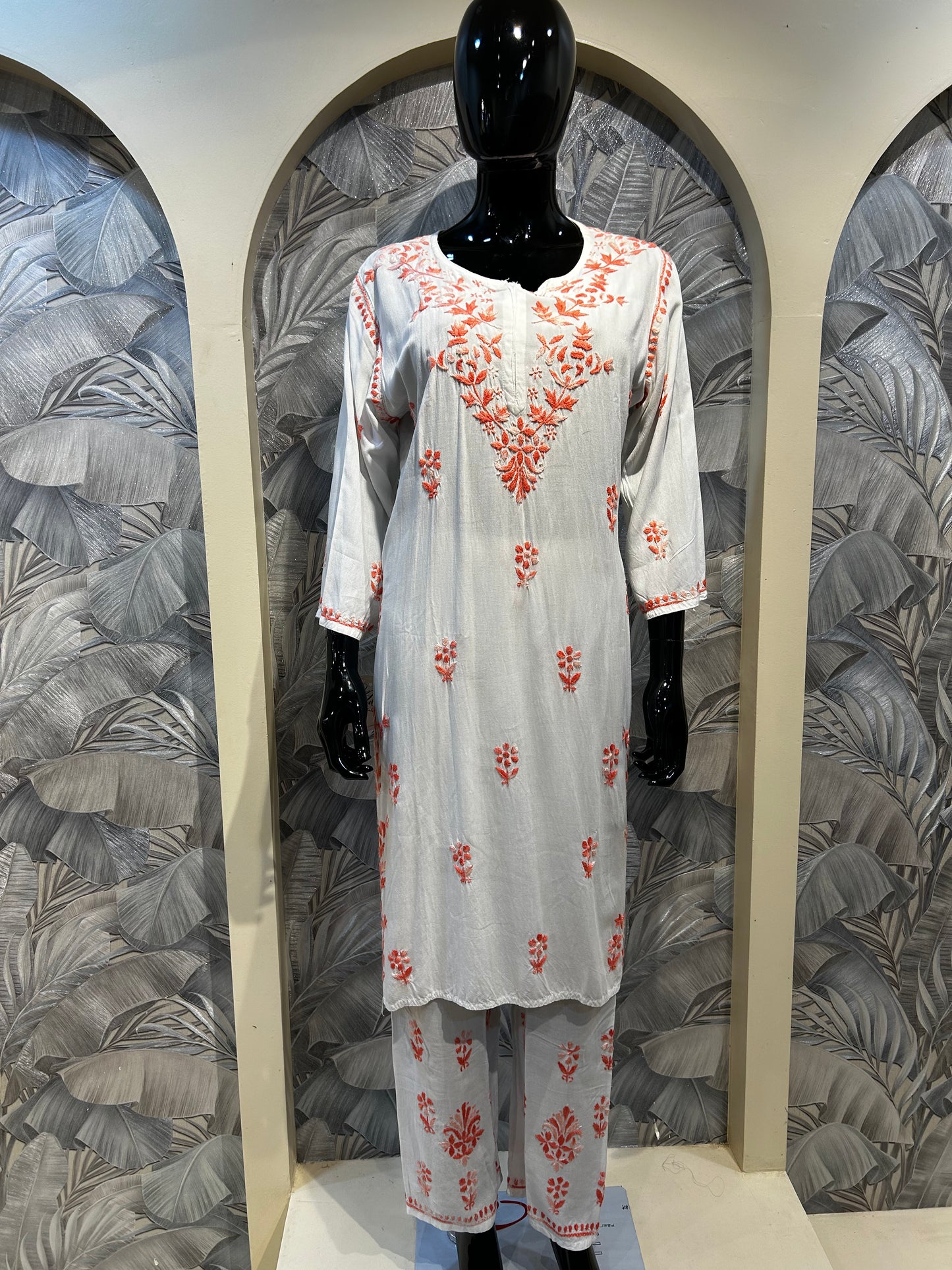 White Cotton Kurta Set with Coral Blush Embroidery
