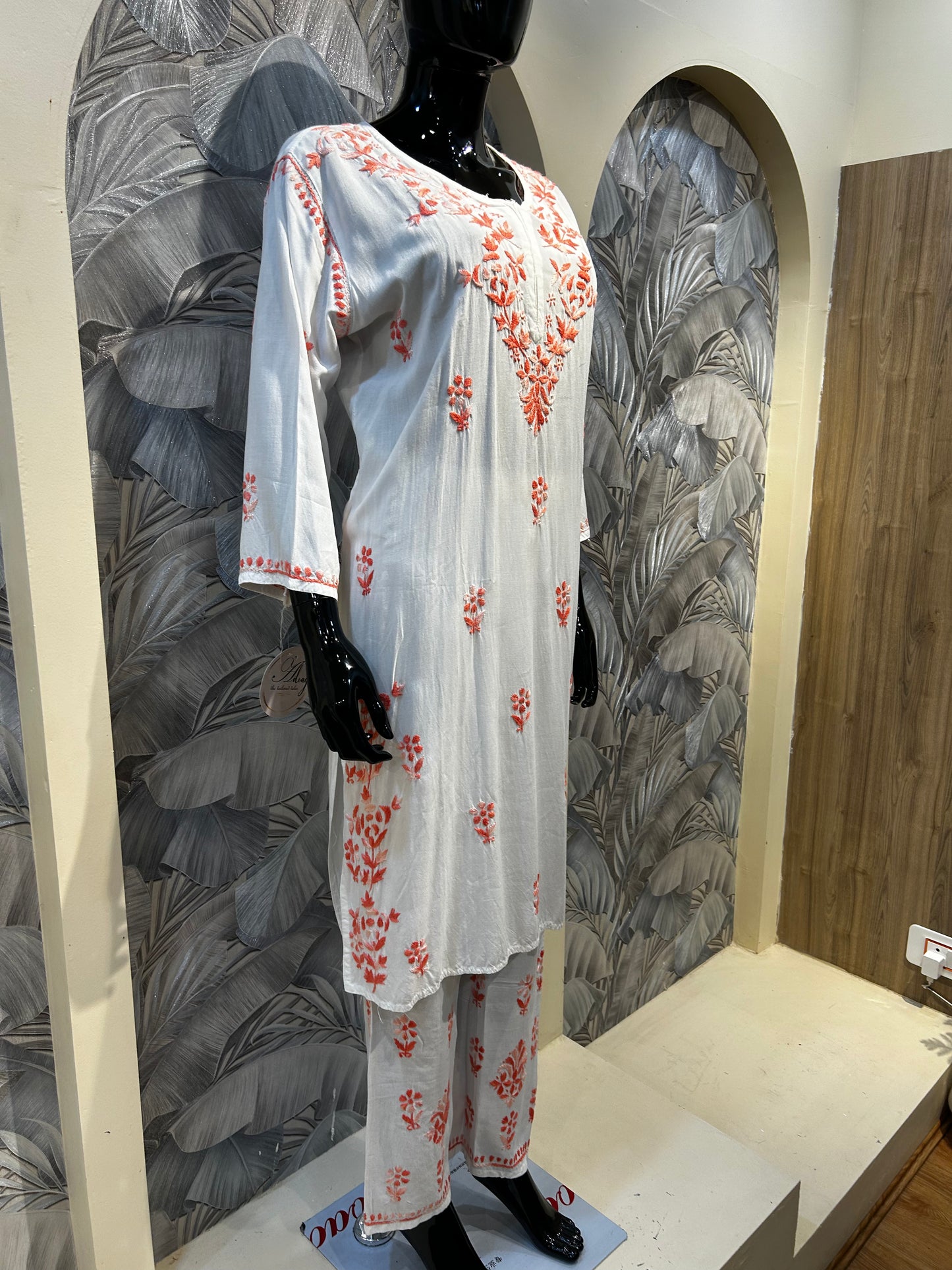 White Cotton Kurta Set with Coral Blush Embroidery