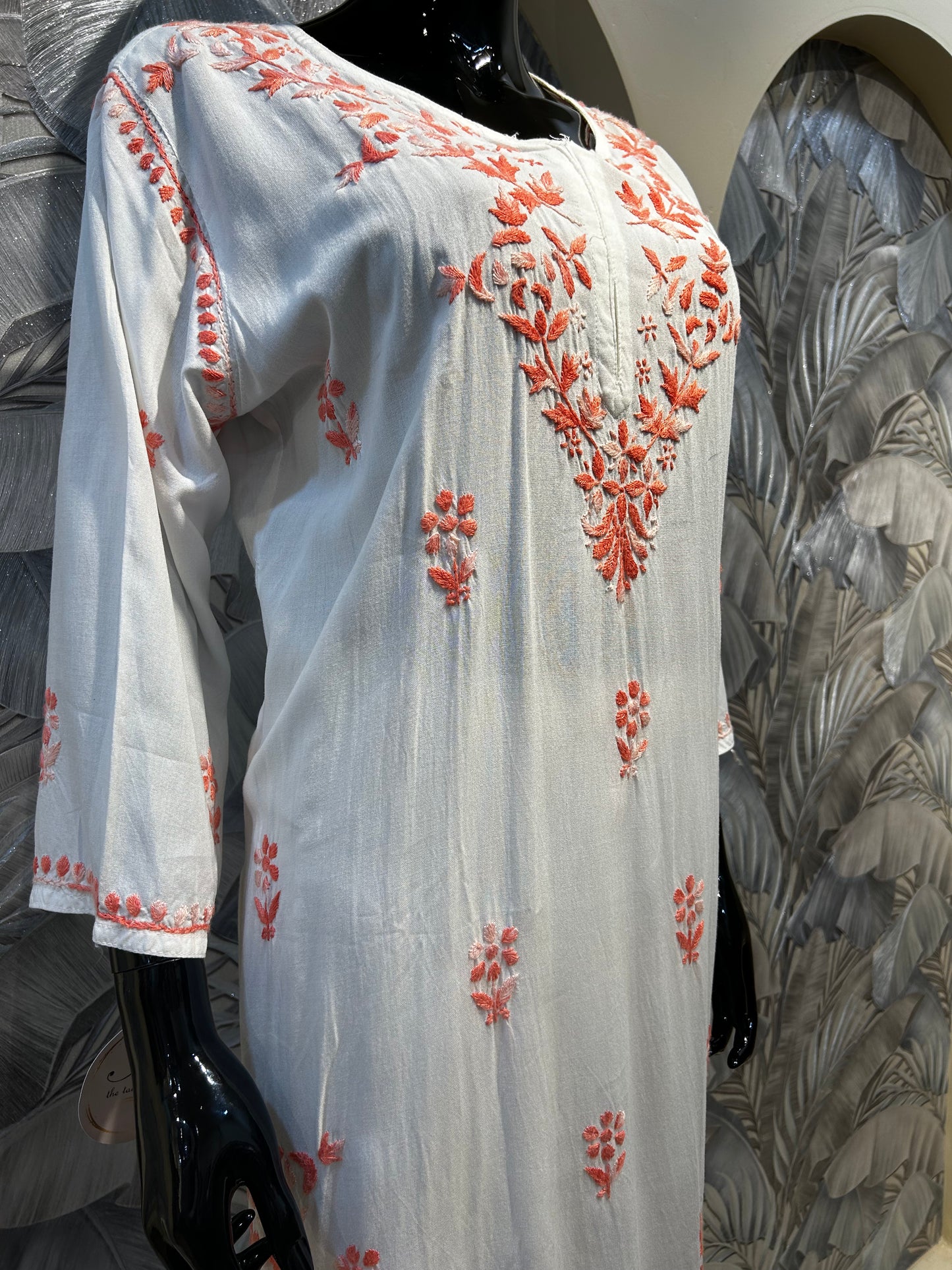 White Cotton Kurta Set with Coral Blush Embroidery