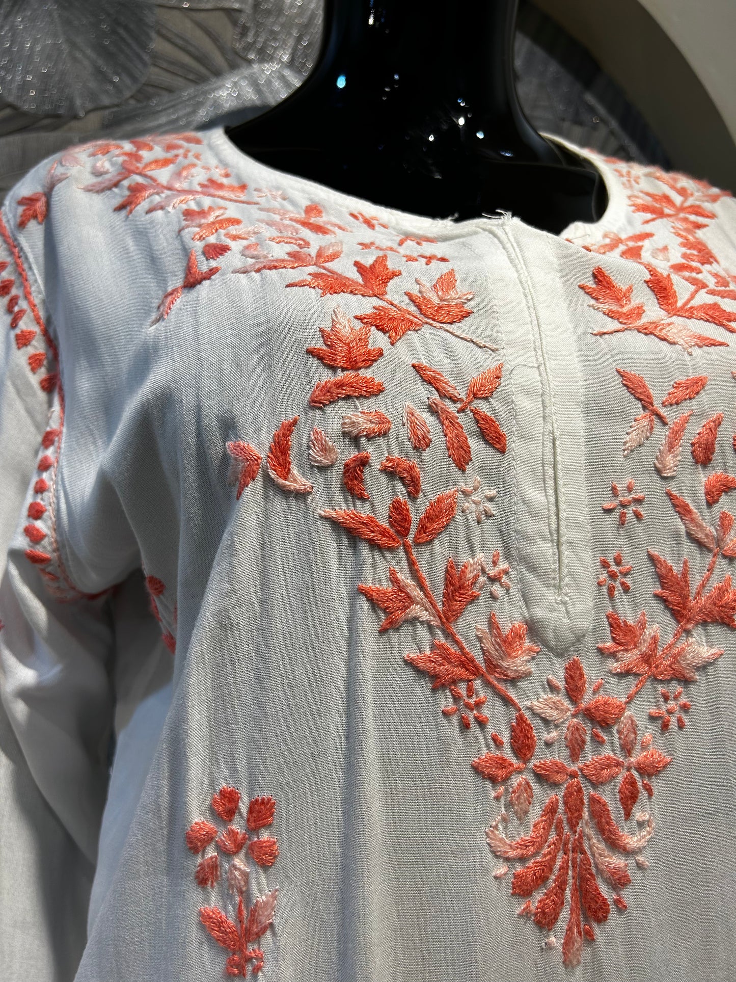 White Cotton Kurta Set with Coral Blush Embroidery