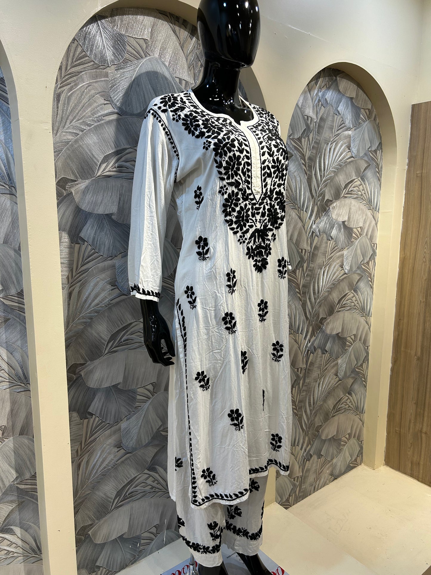 White Cotton Kurta Set with Black Chikankari Embroidery