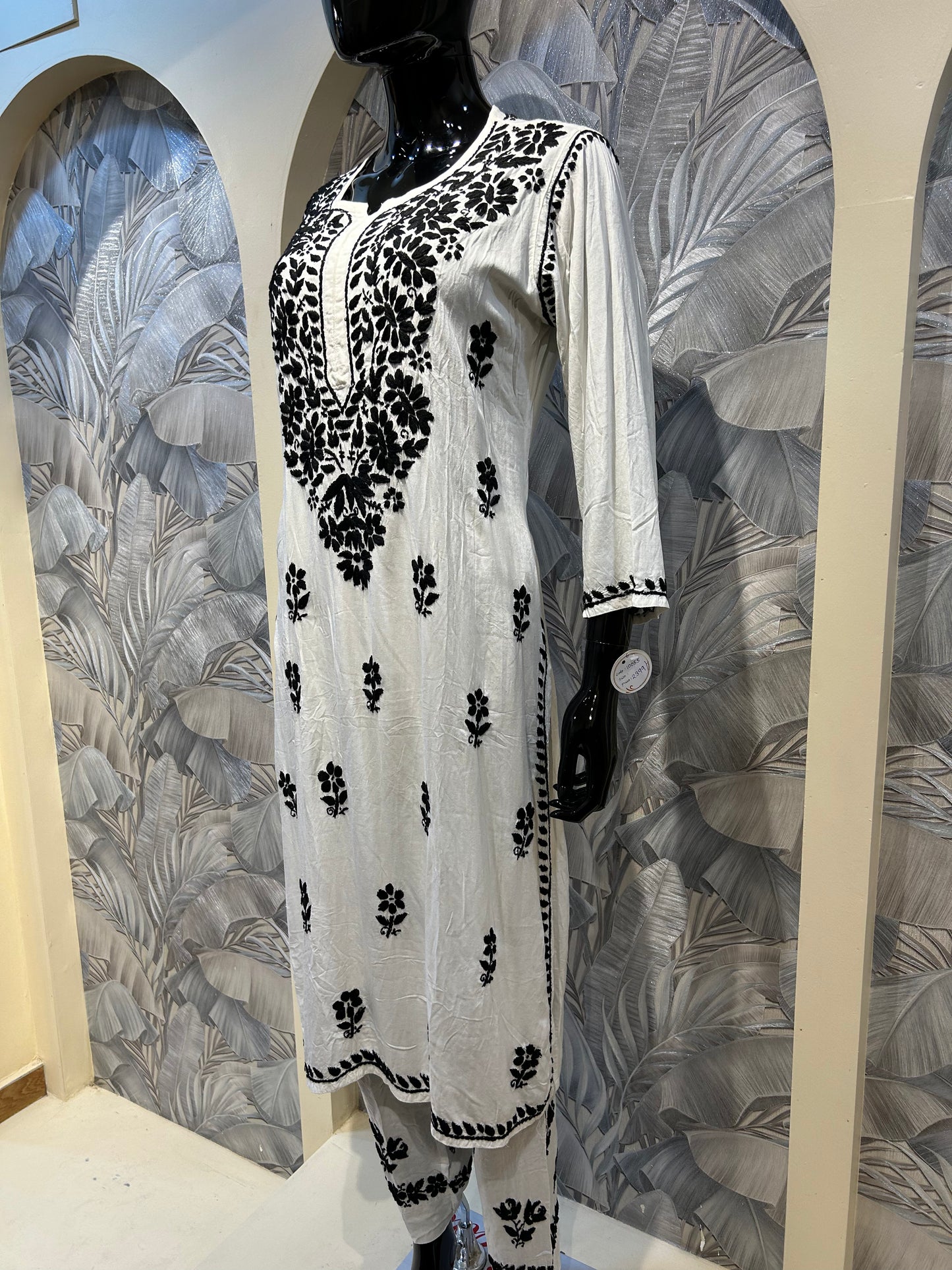 White Cotton Kurta Set with Black Chikankari Embroidery