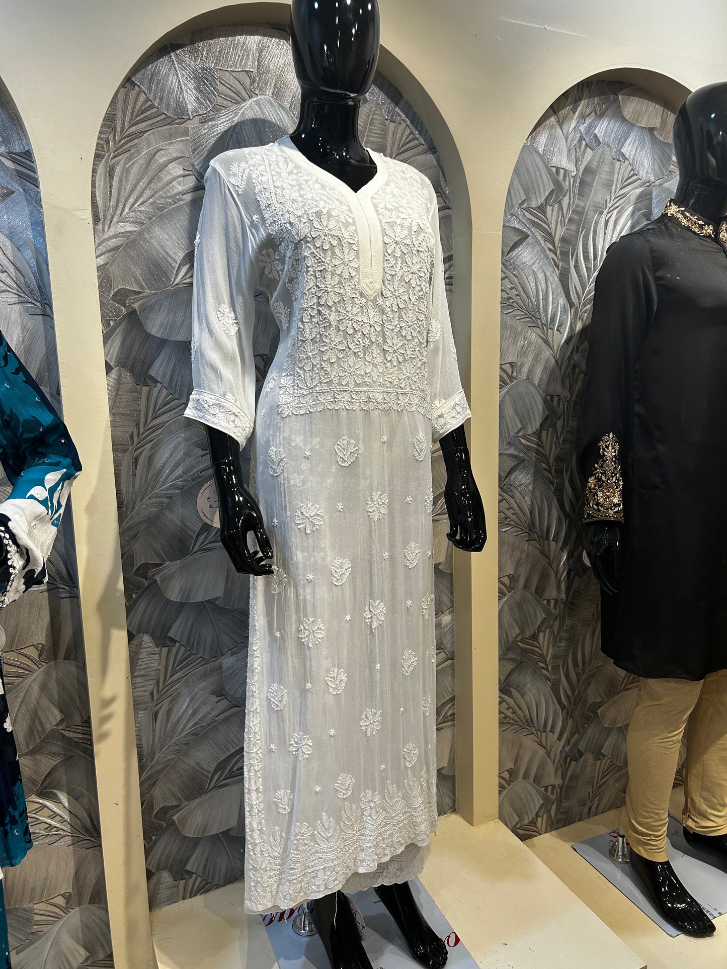 White Georgette Chikankari Kurta Set with Cotton Pants