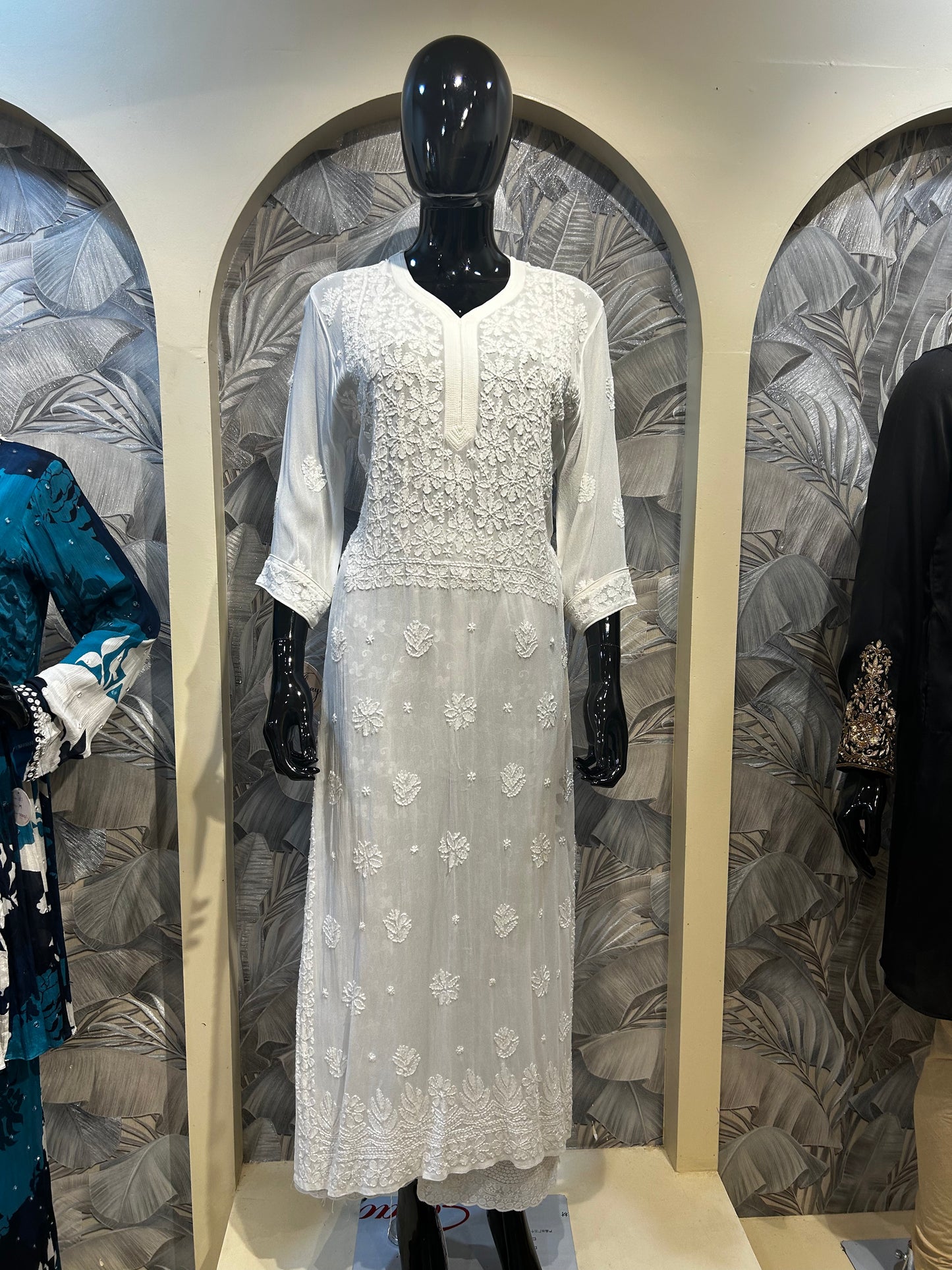 White Georgette Chikankari Kurta Set with Cotton Pants