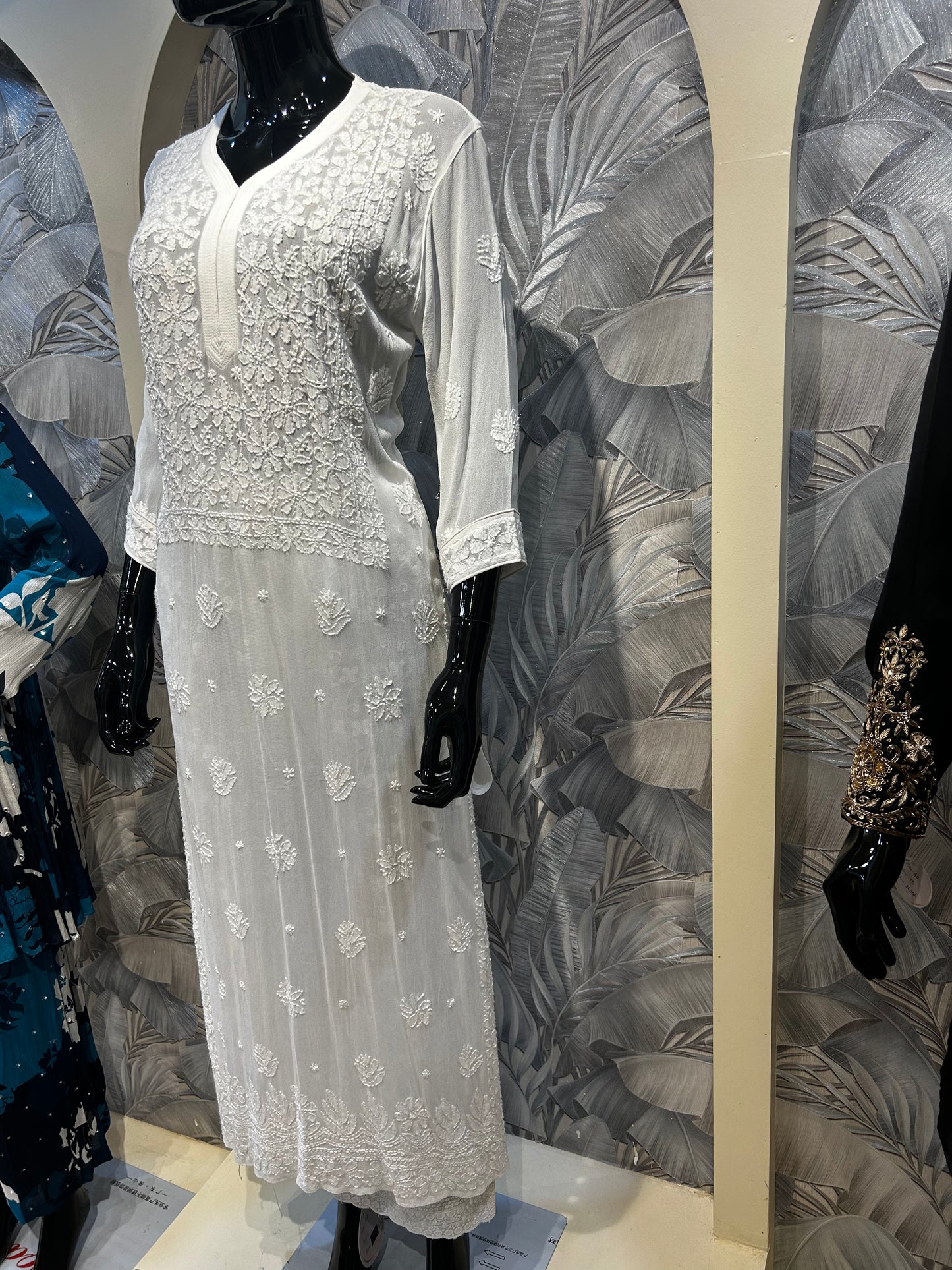 White Georgette Chikankari Kurta Set with Cotton Pants