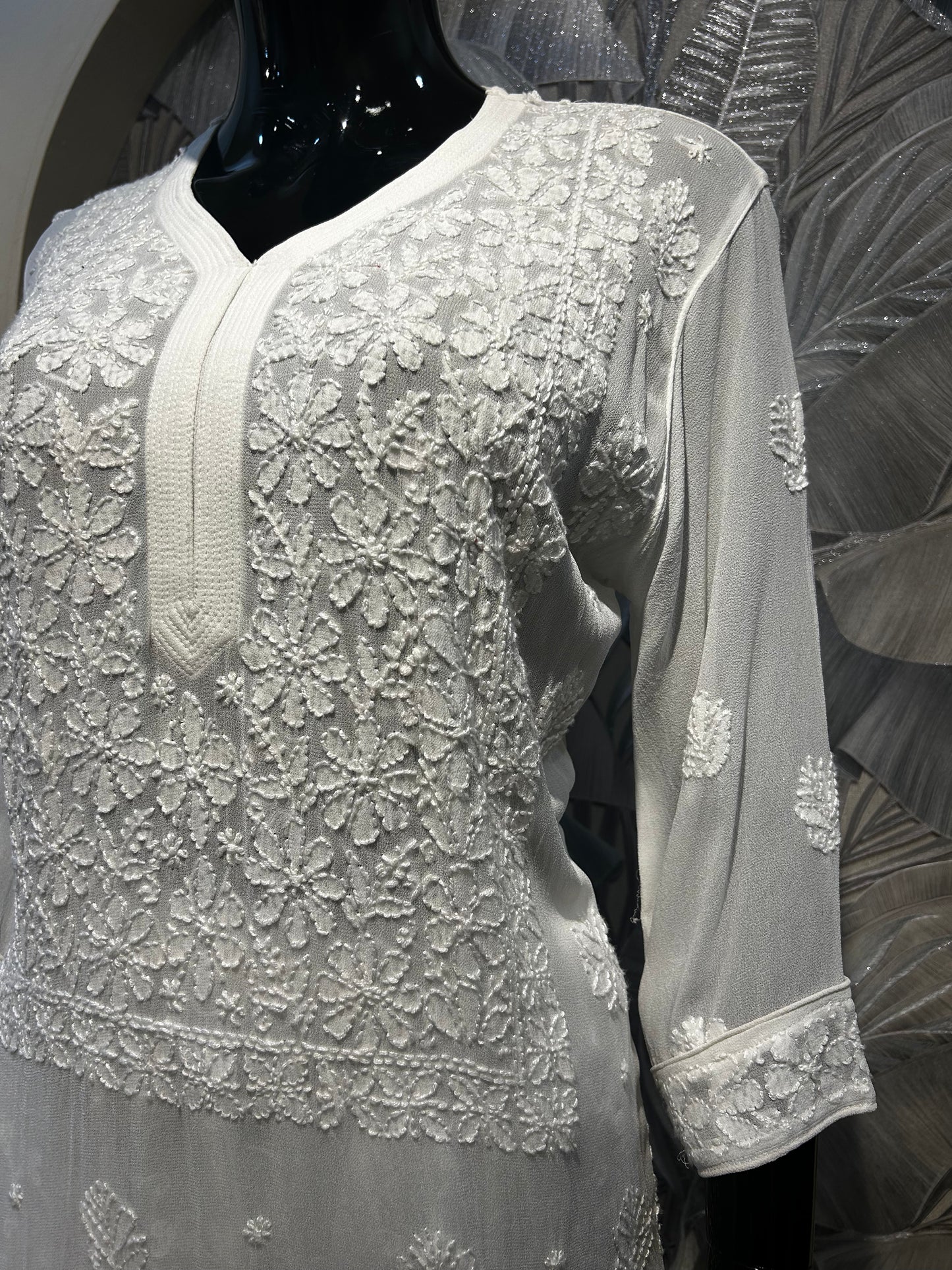 White Georgette Chikankari Kurta Set with Cotton Pants