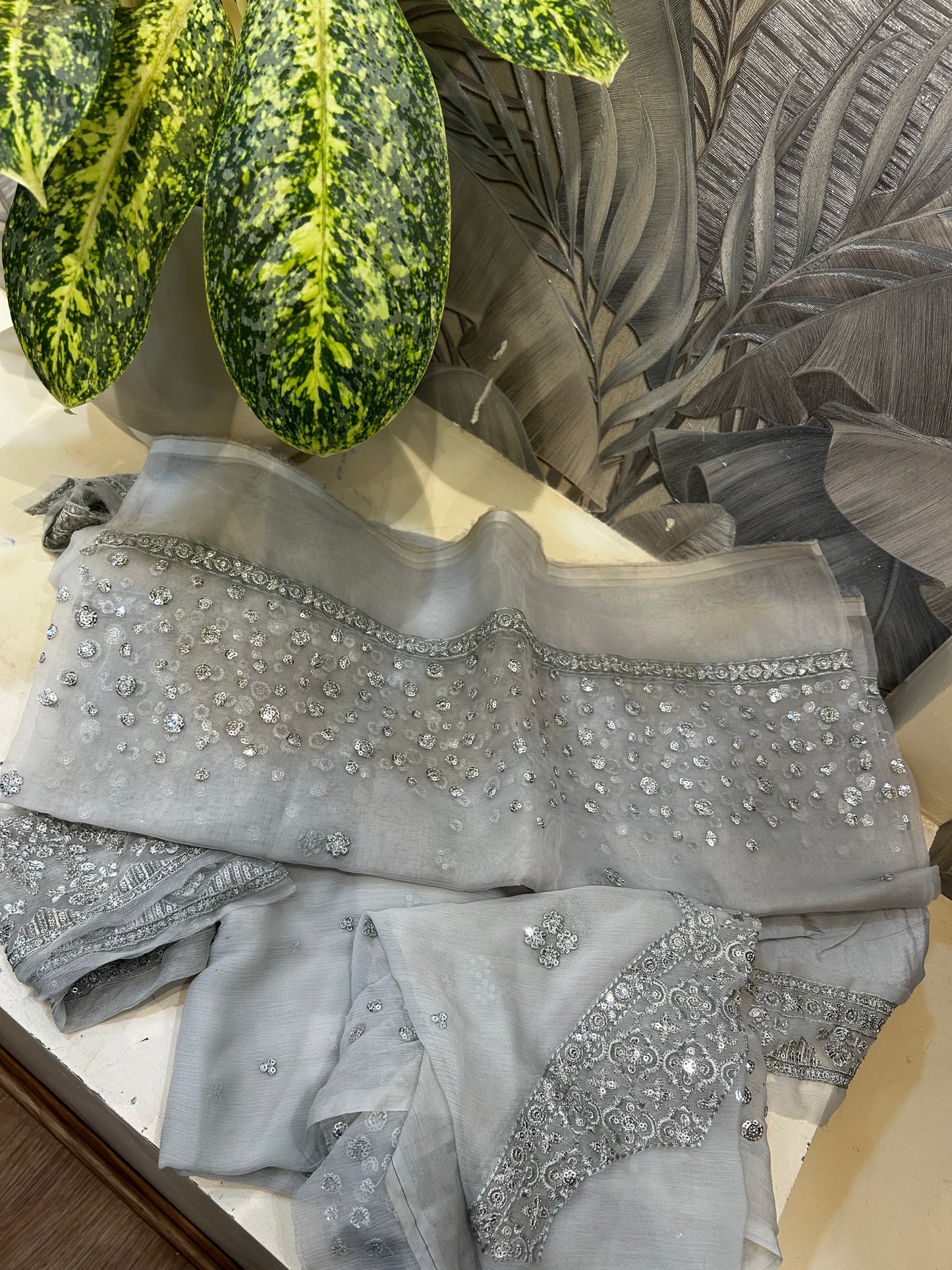 Bright Gray Organza Dupatta Set with Raw Silk Trousers and Chiffon Salwar