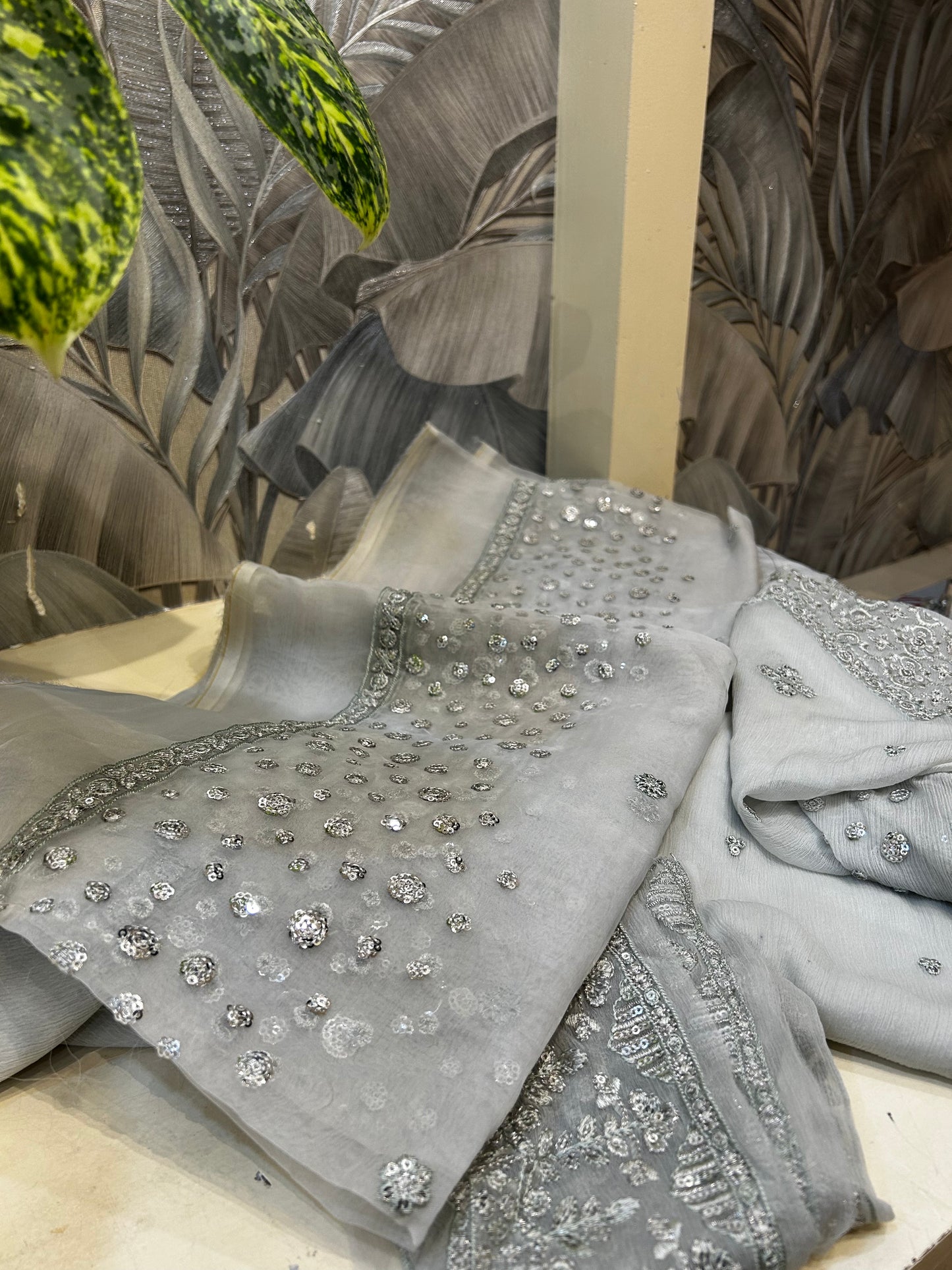 Bright Gray Organza Dupatta Set with Raw Silk Trousers and Chiffon Salwar