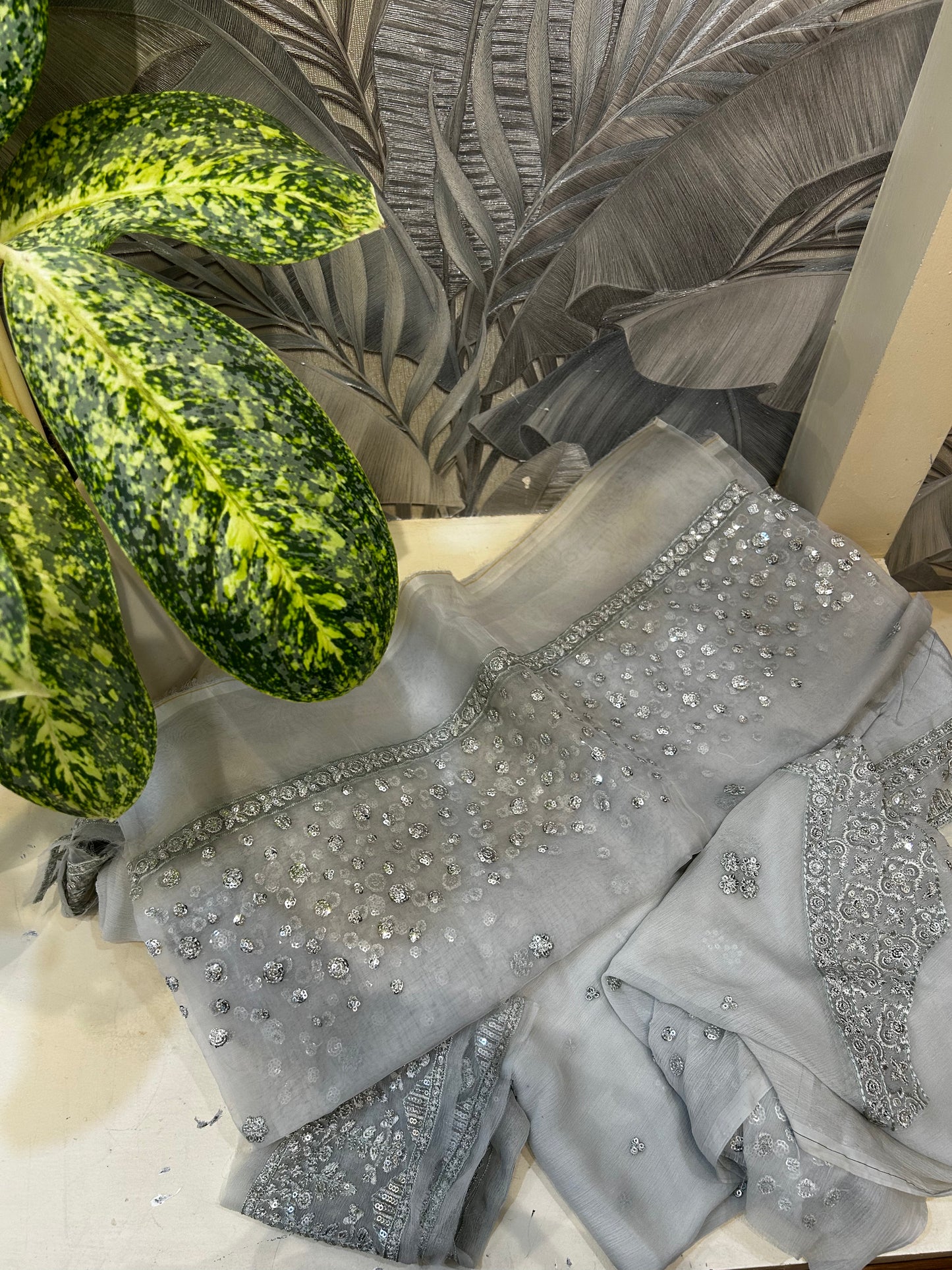 Bright Gray Organza Dupatta Set with Raw Silk Trousers and Chiffon Salwar
