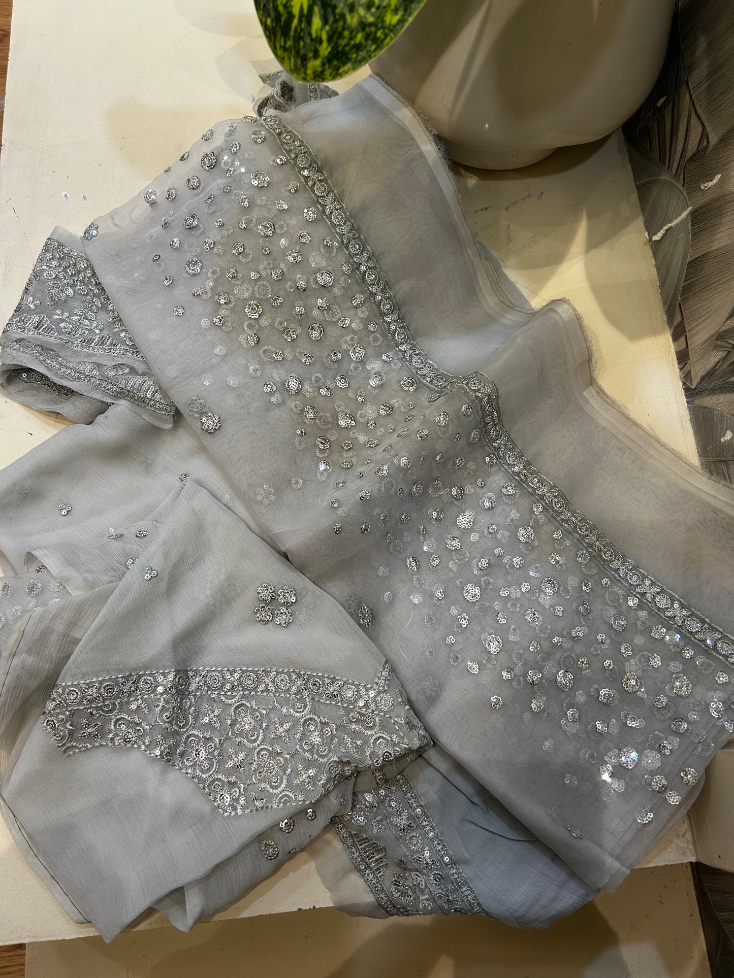 Bright Gray Organza Dupatta Set with Raw Silk Trousers and Chiffon Salwar