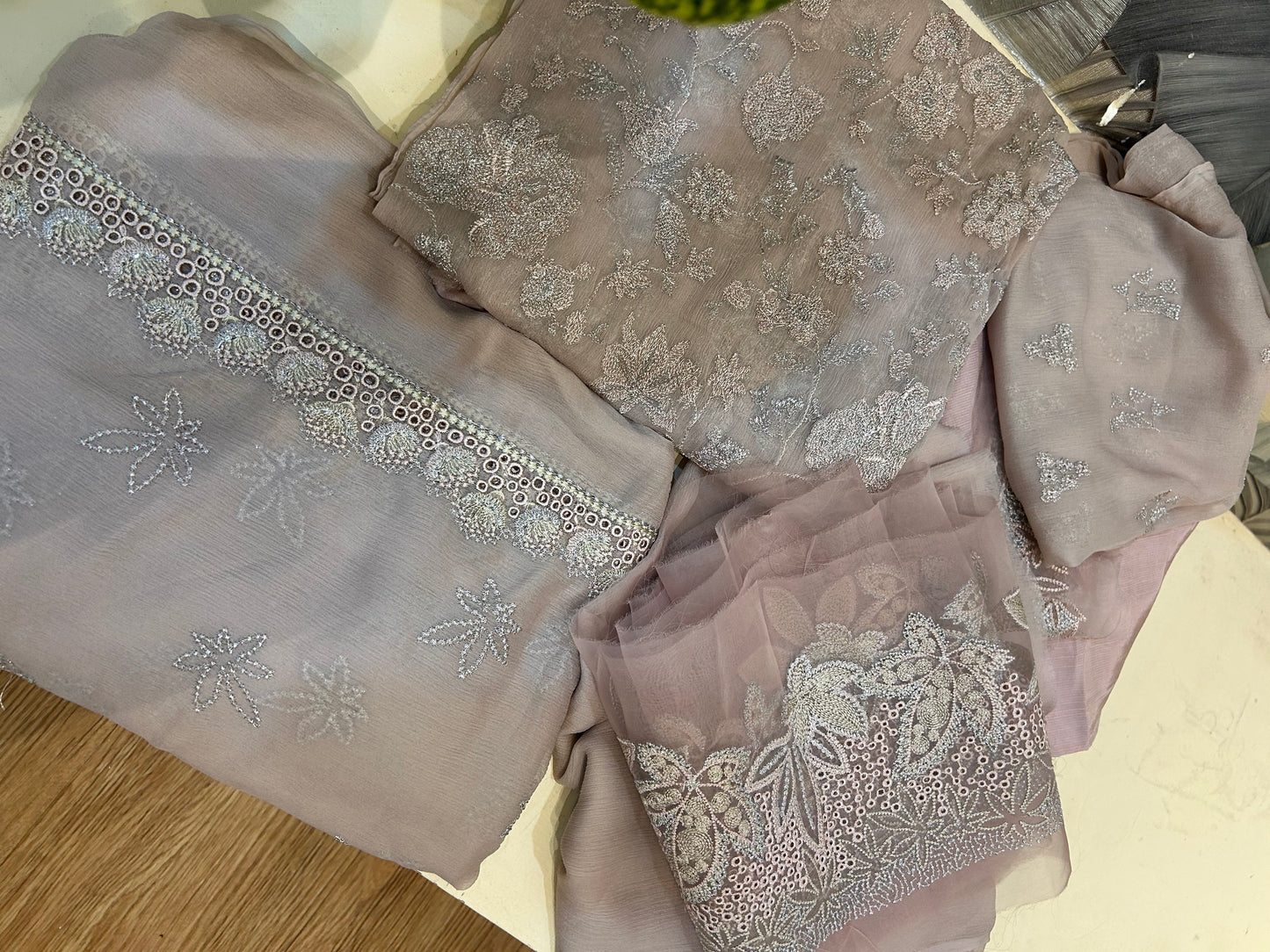 White Coffee Chiffon Dupatta Set with Raw Silk Trousers and Chiffon Salwar