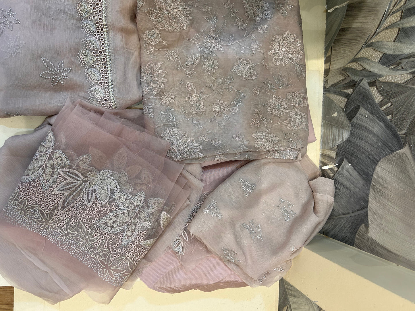 White Coffee Chiffon Dupatta Set with Raw Silk Trousers and Chiffon Salwar