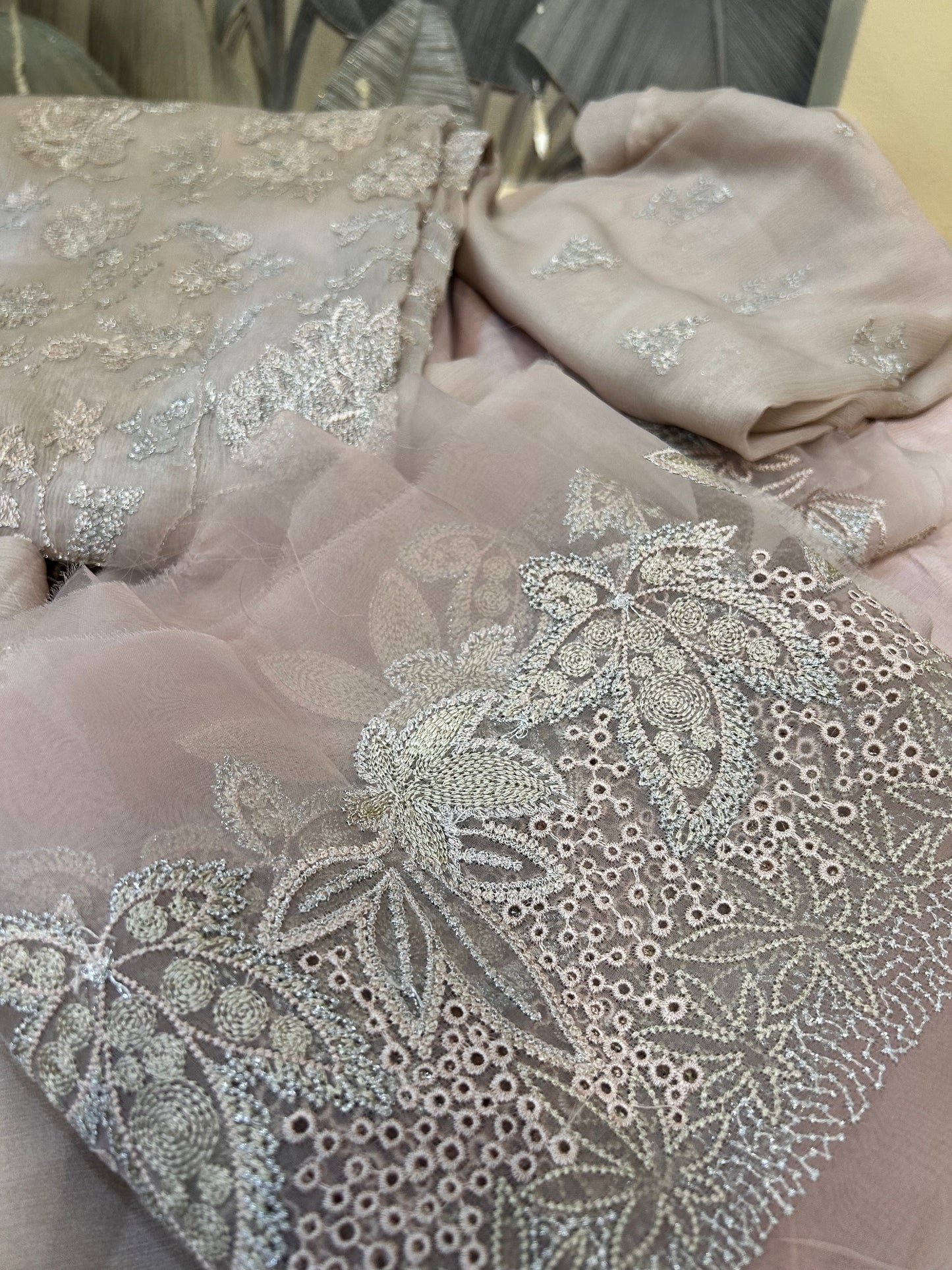 White Coffee Chiffon Dupatta Set with Raw Silk Trousers and Chiffon Salwar