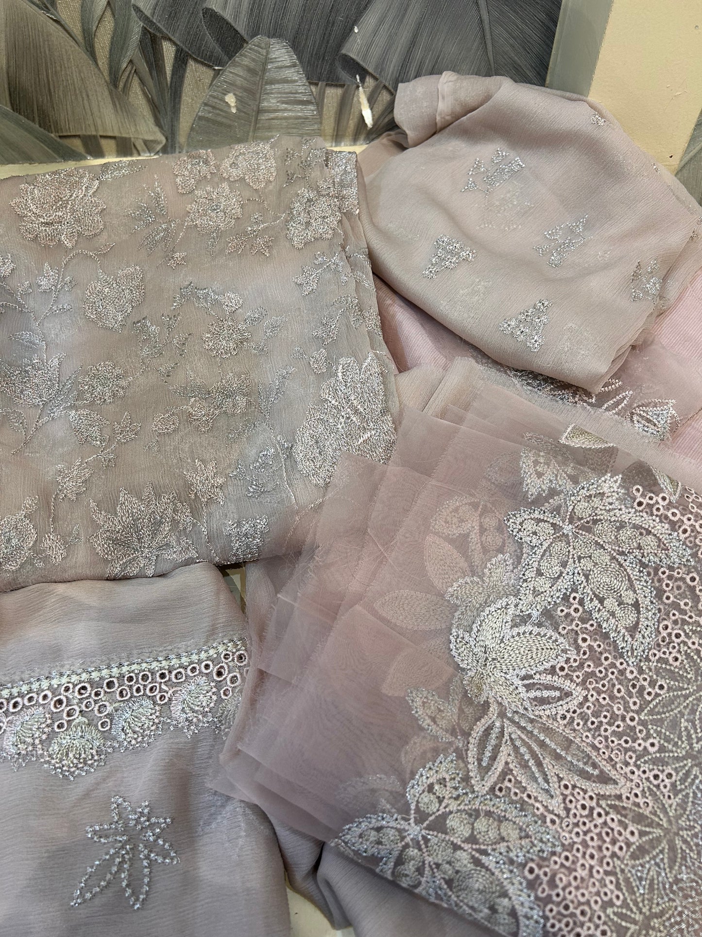 White Coffee Chiffon Dupatta Set with Raw Silk Trousers and Chiffon Salwar