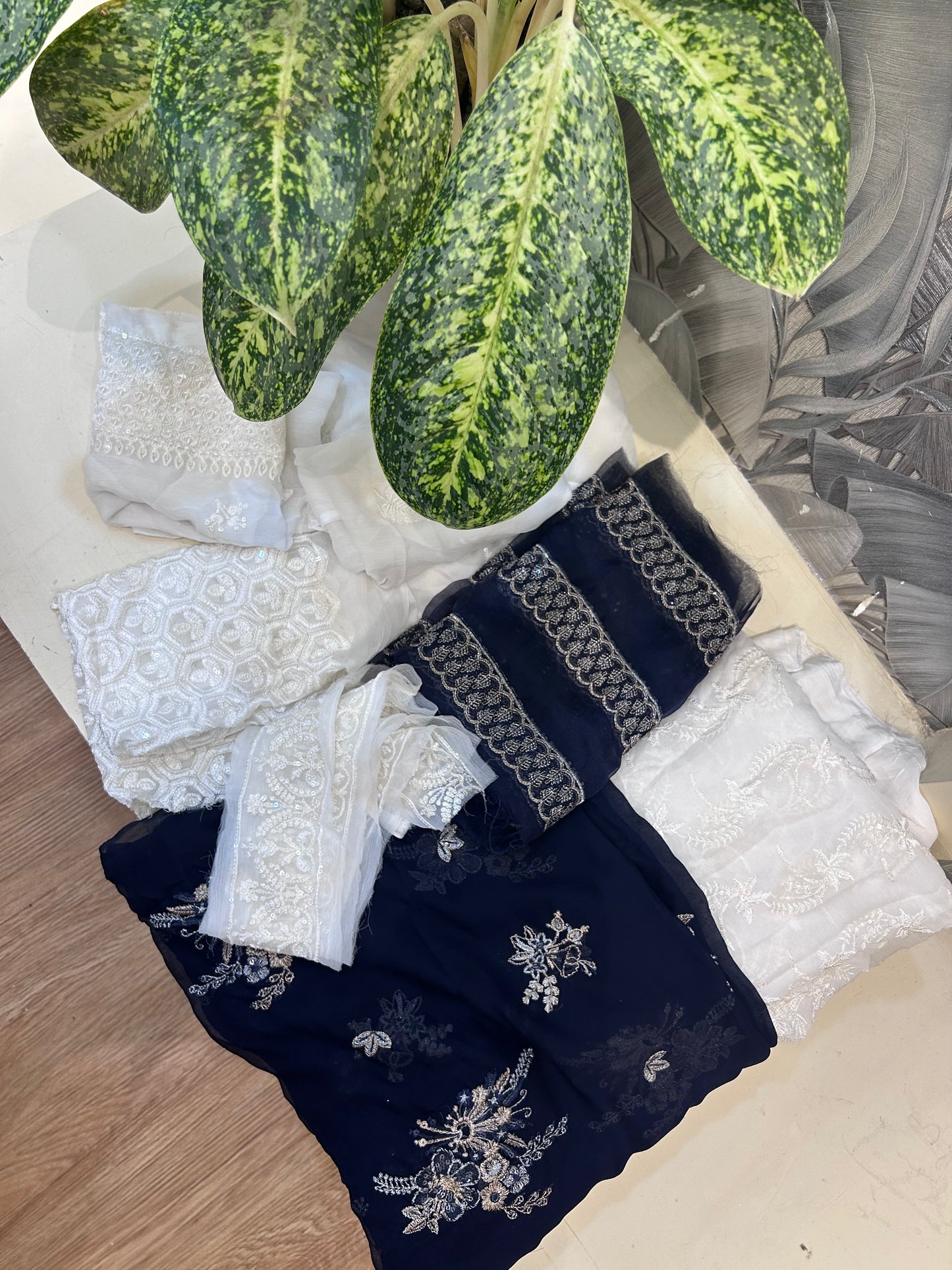 White and Dark Blue Chiffon Dupatta Set with Dyed Grip Trousers