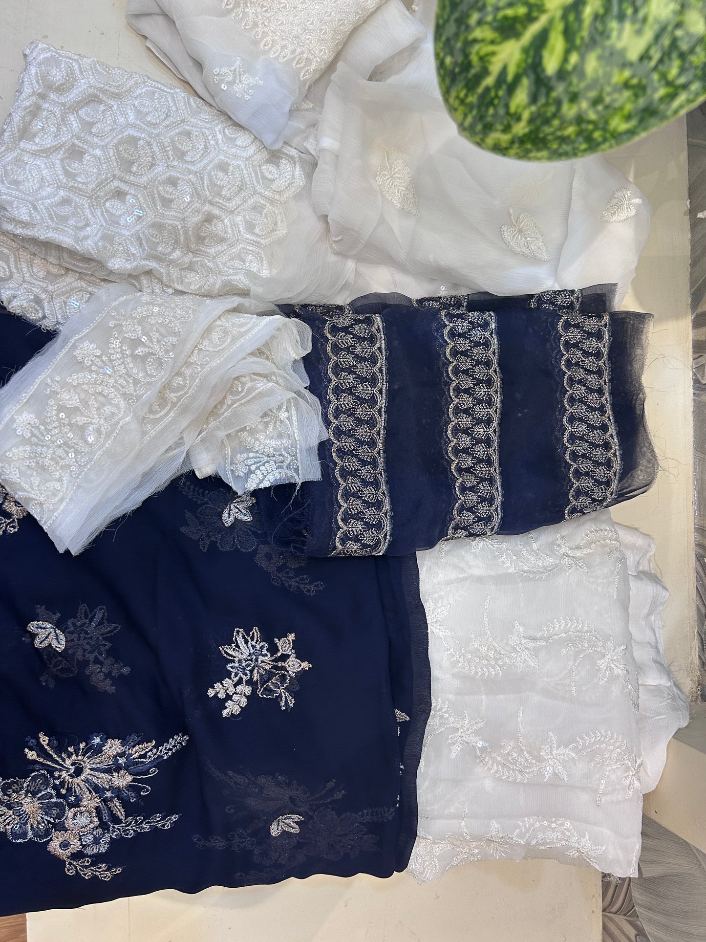 White and Dark Blue Chiffon Dupatta Set with Dyed Grip Trousers