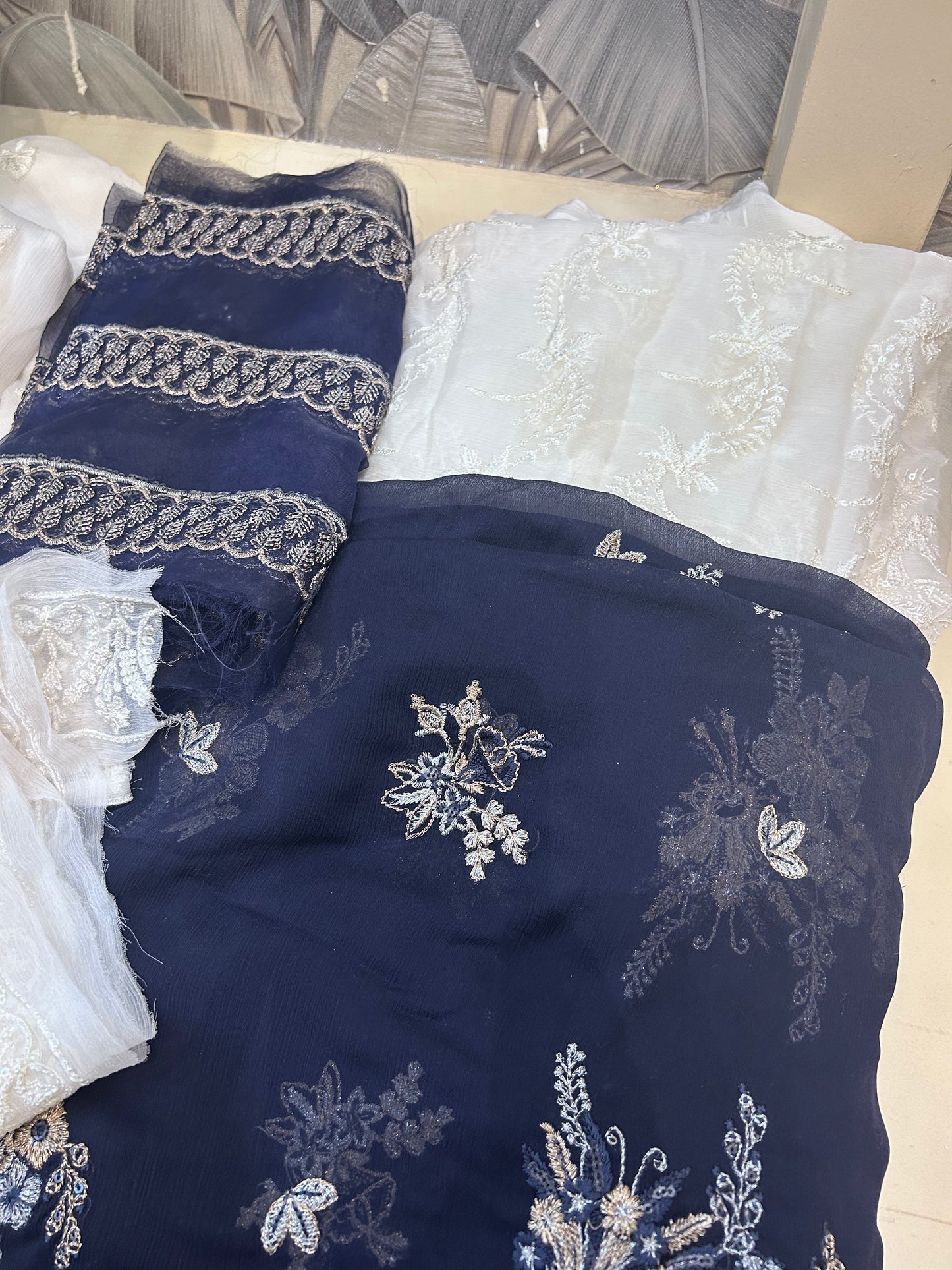 White and Dark Blue Chiffon Dupatta Set with Dyed Grip Trousers