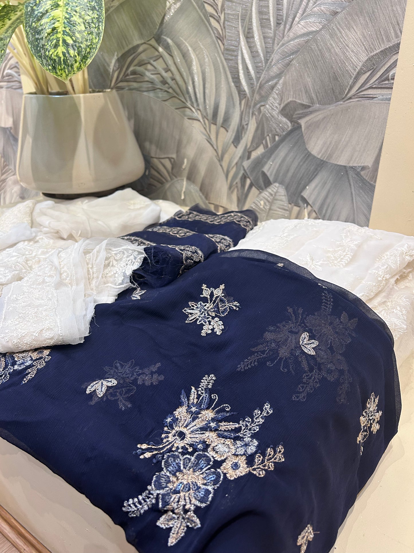 White and Dark Blue Chiffon Dupatta Set with Dyed Grip Trousers