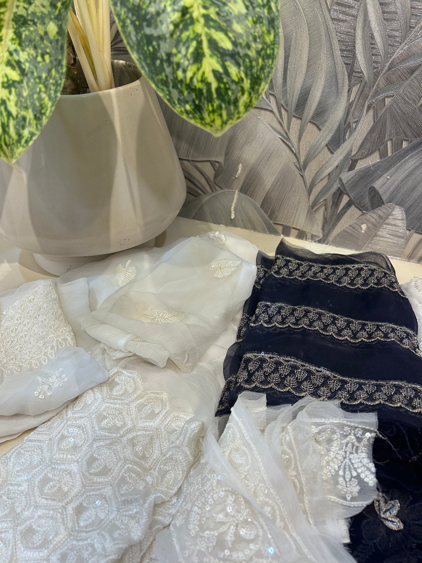 White and Dark Blue Chiffon Dupatta Set with Dyed Grip Trousers