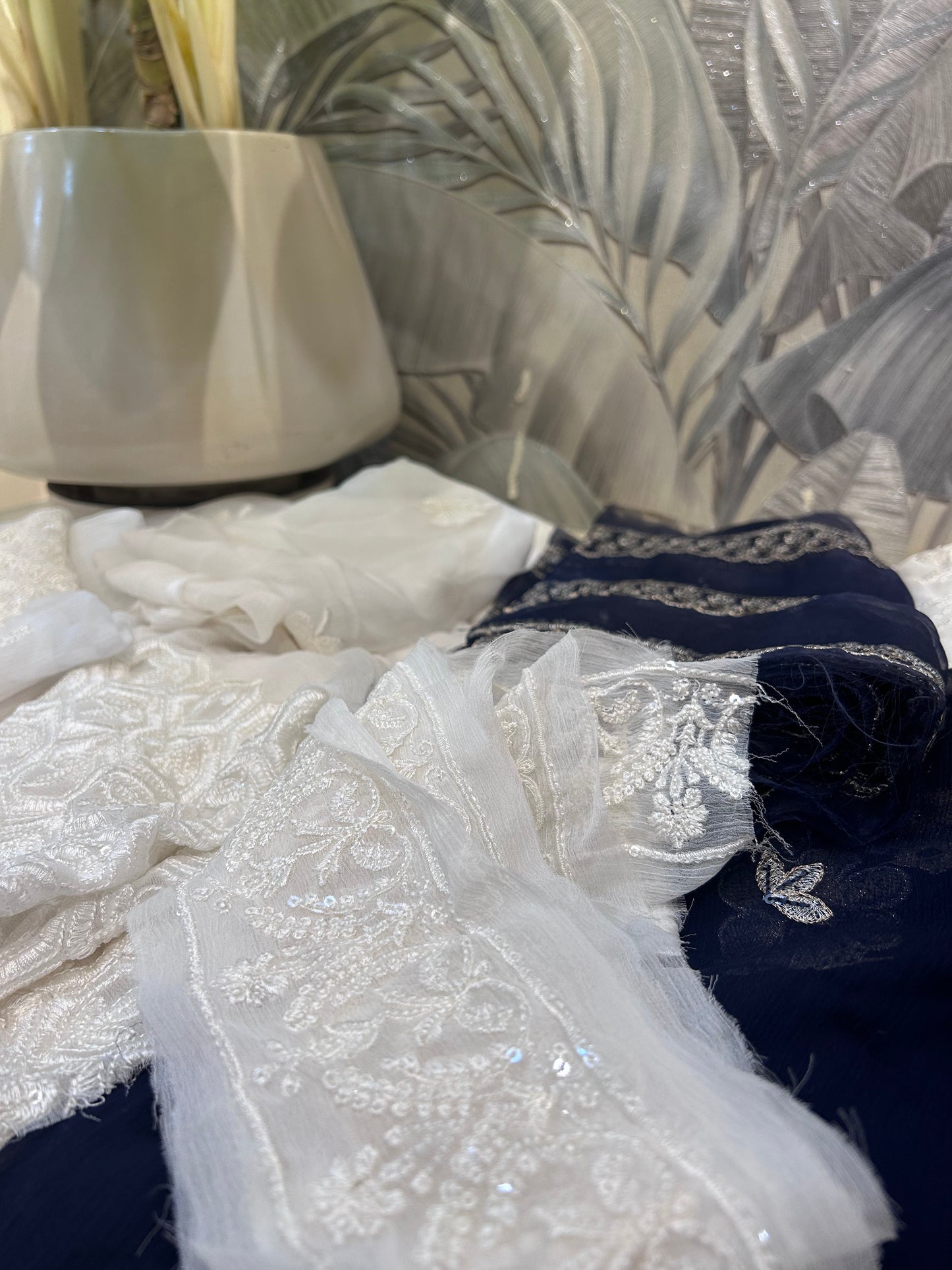 White and Dark Blue Chiffon Dupatta Set with Dyed Grip Trousers