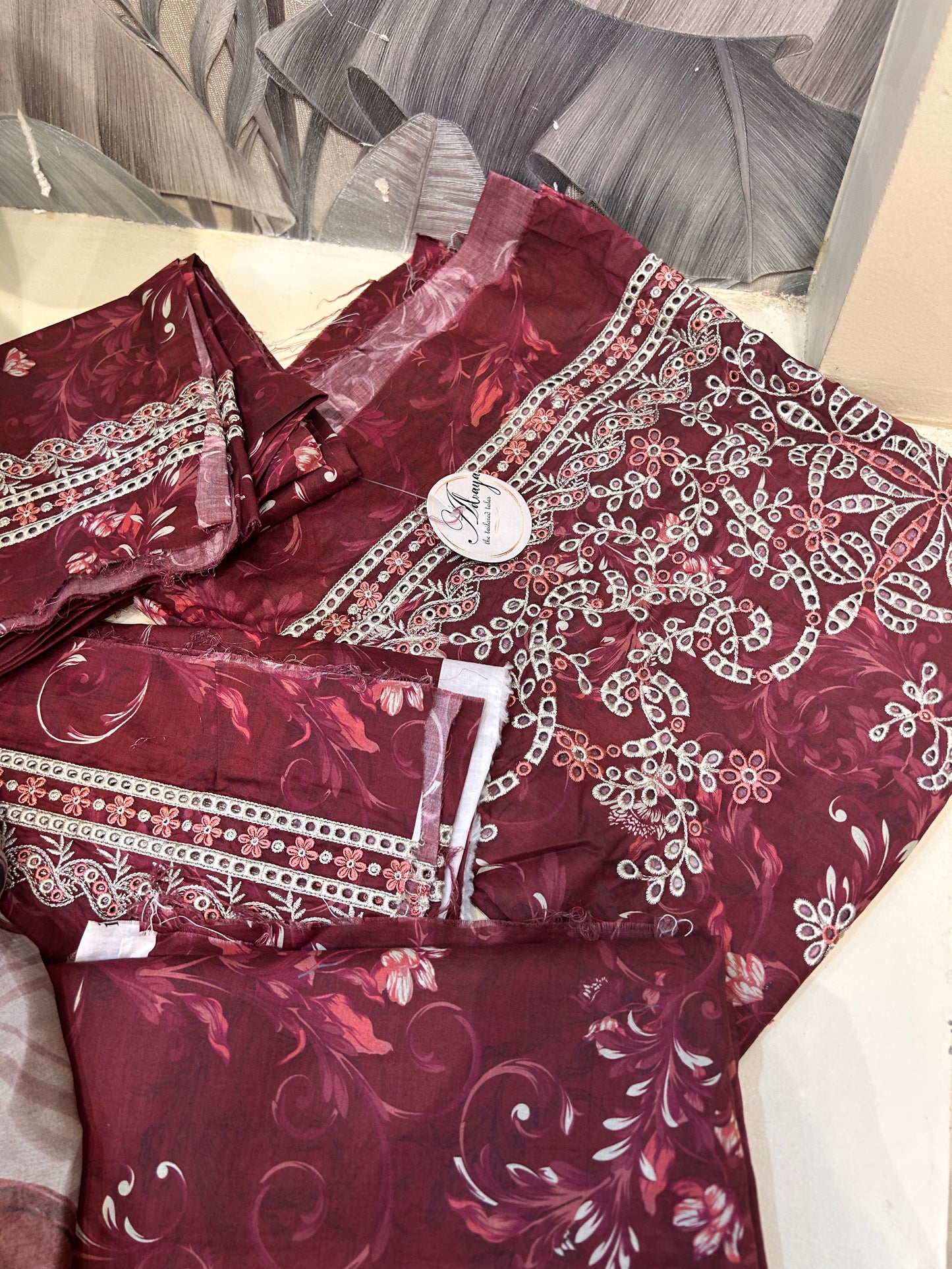 Smoky Topaz Chiffon Dupatta Set with Cotton Trousers and Salwar
