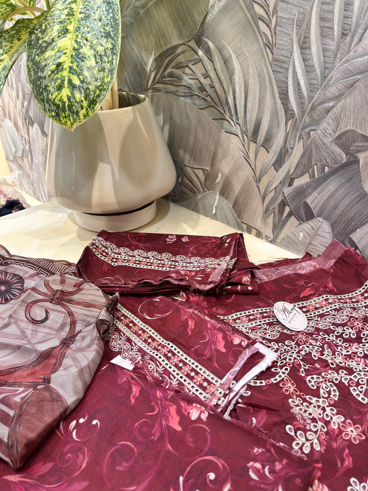 Smoky Topaz Chiffon Dupatta Set with Cotton Trousers and Salwar