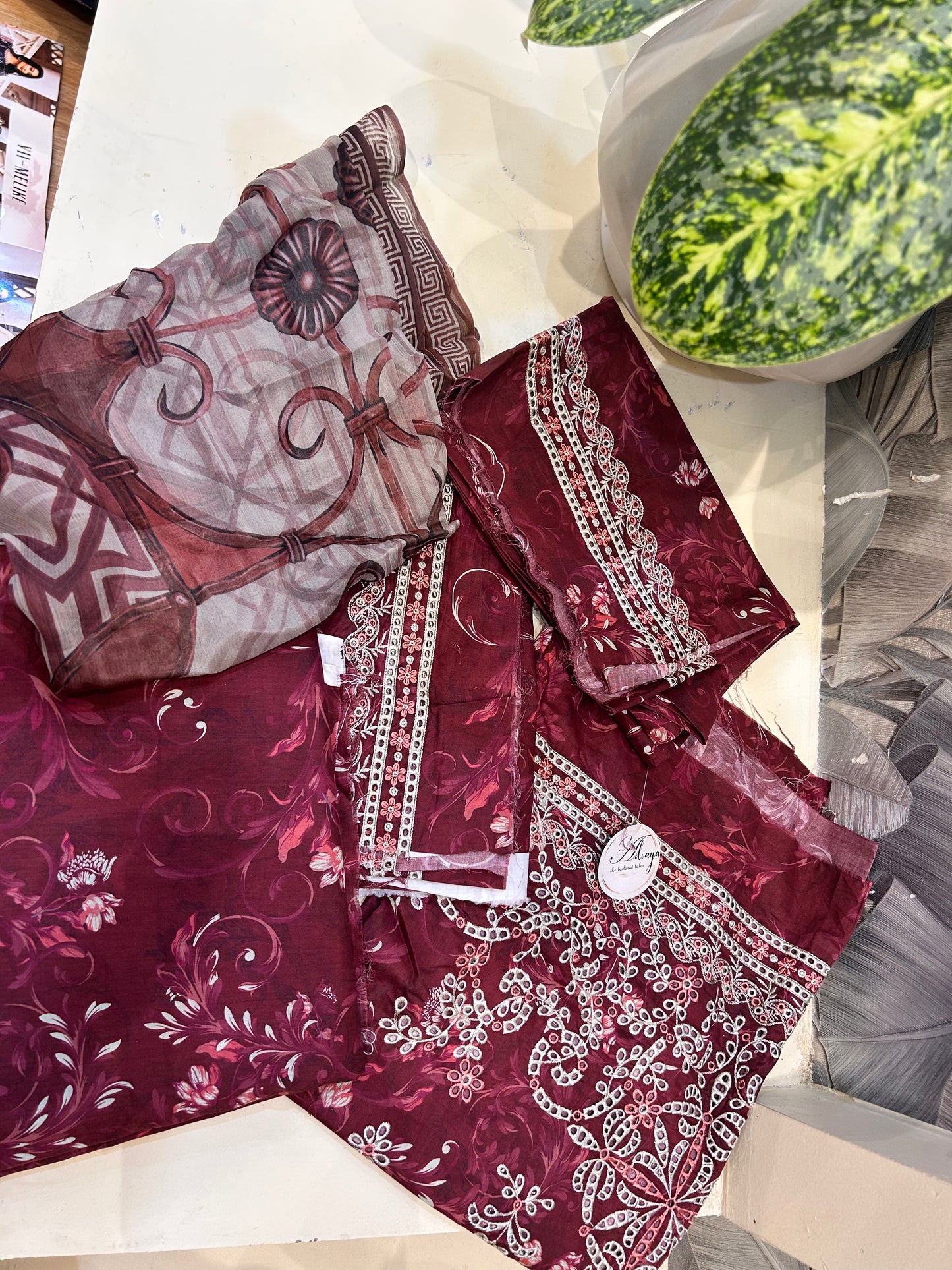 Smoky Topaz Chiffon Dupatta Set with Cotton Trousers and Salwar