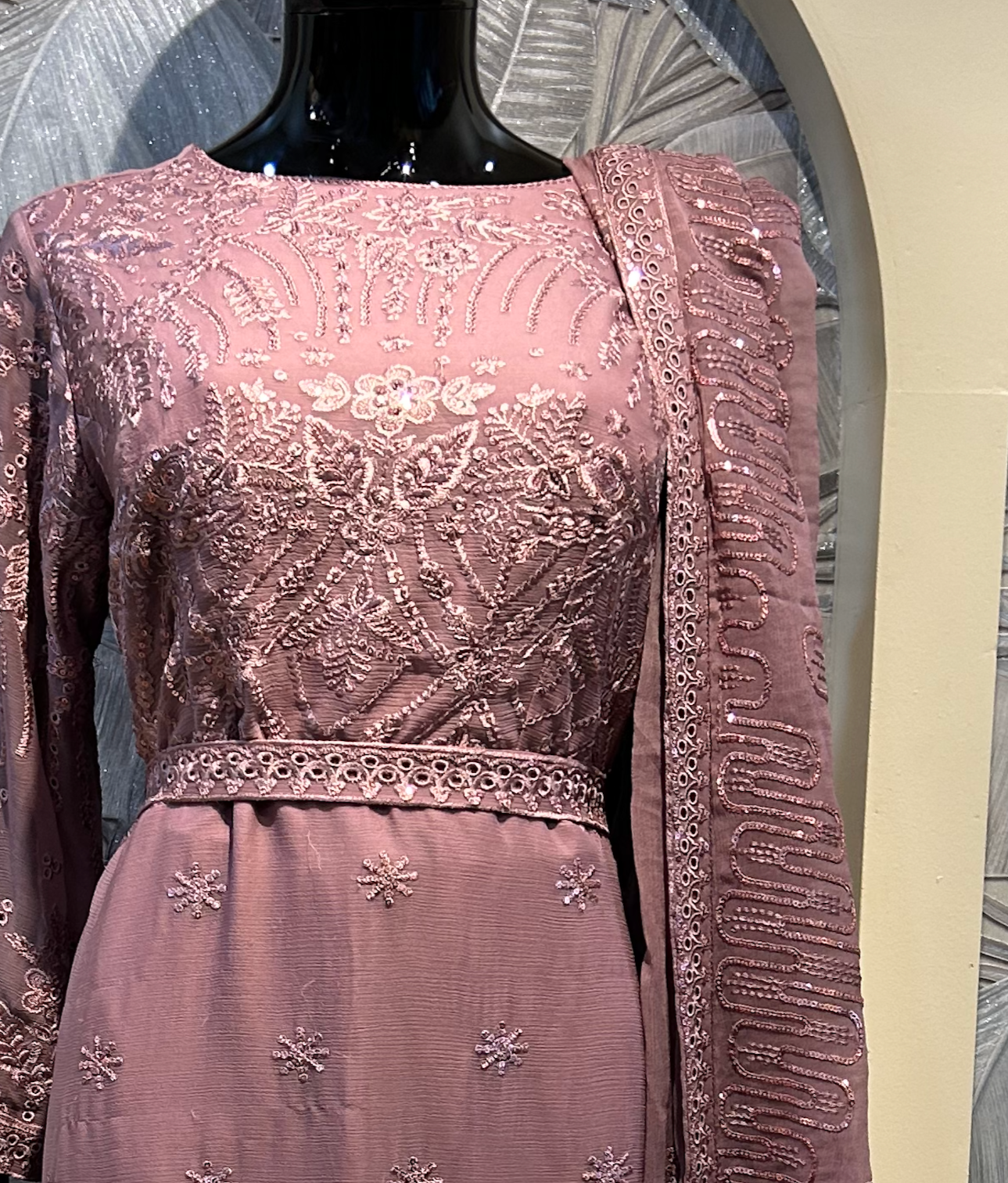 Deep Taupe Chiffon Embroidered Suit with Dupatta