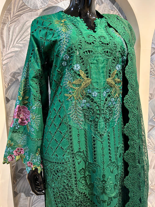 Green cotton suit with intricate thread embroidery and cutwork, floral motifs and matching dupatta