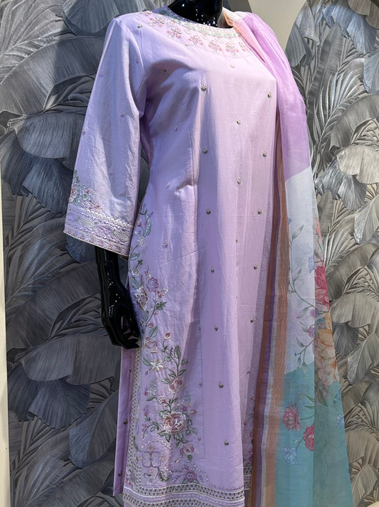 Queen pink cotton embroidered suit with pastel floral detailing and coordinated dupatta